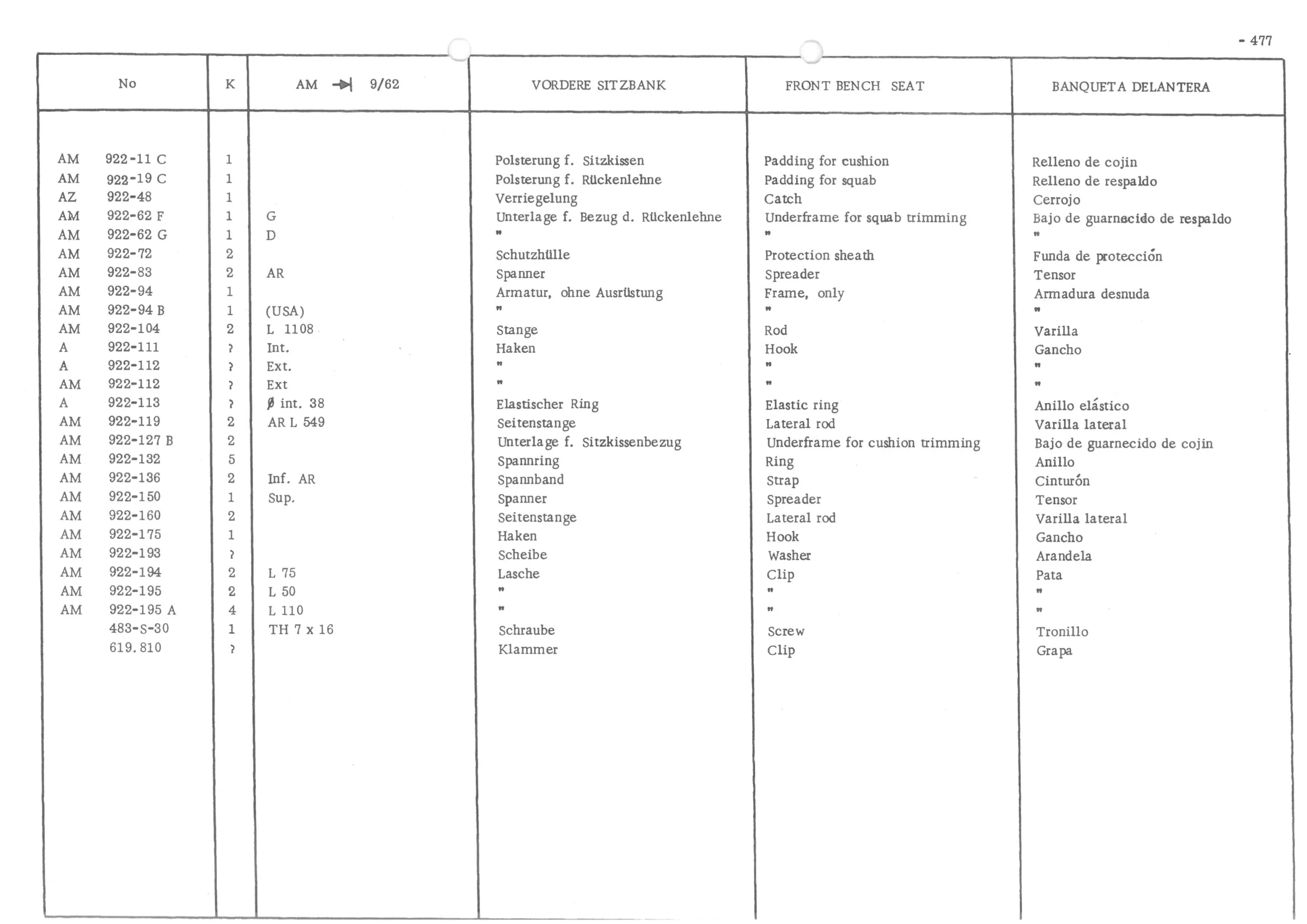 FRONT BENCH SEAT, page 556 of 647 — 486 Parts Catalogue — Ami 6
