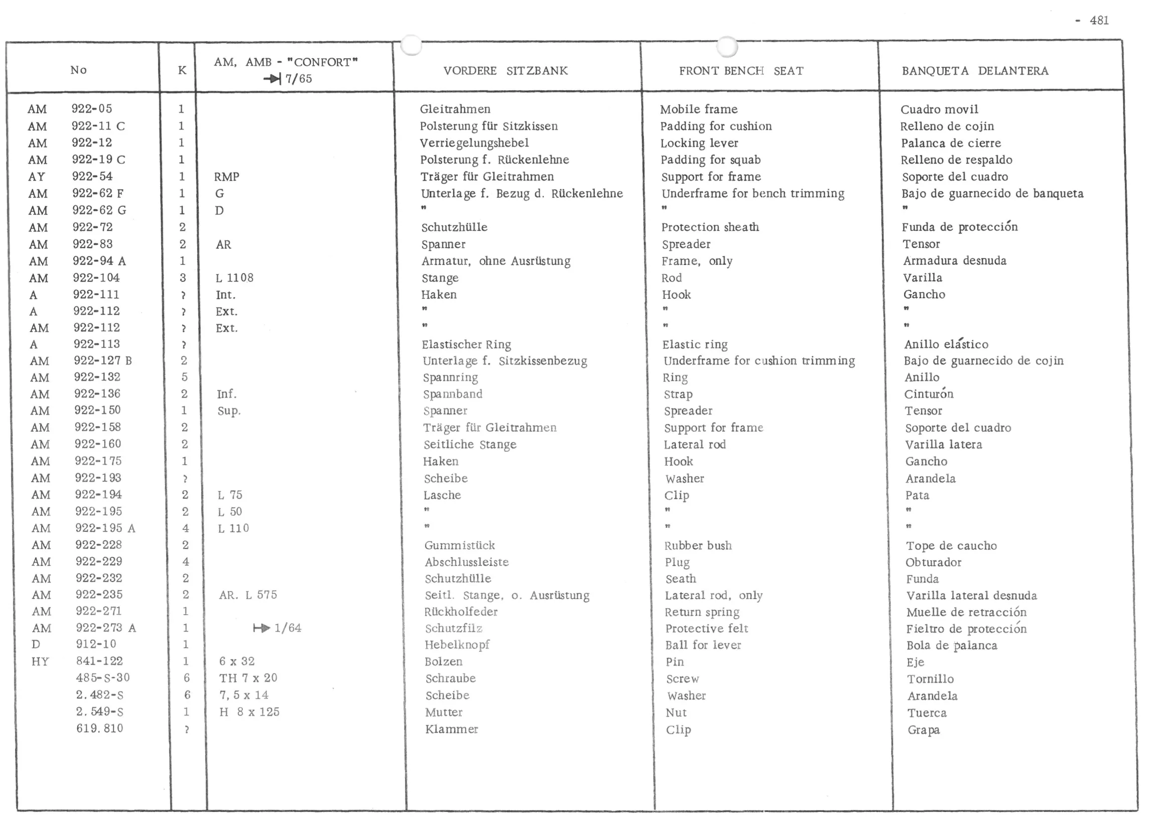 FRONT BENCH SEAT, page 560 of 647 — 486 Parts Catalogue — Ami 6