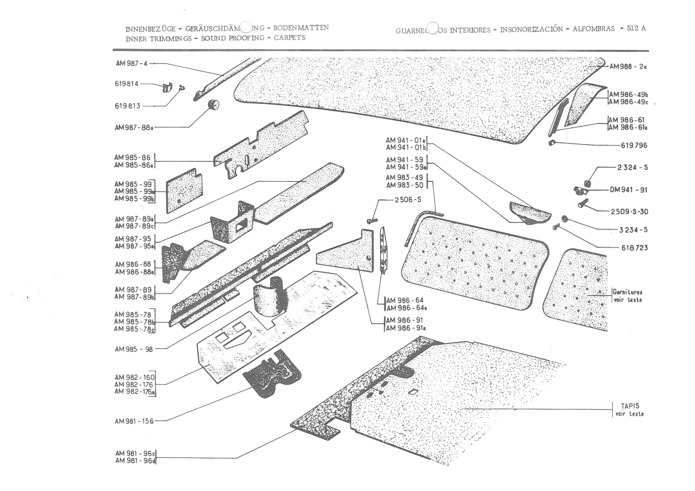 INNER TRIMMINGS - SOUND PROOFING - CARPETS, page 592 of 647 — 486 Parts Catalogue — Ami 6