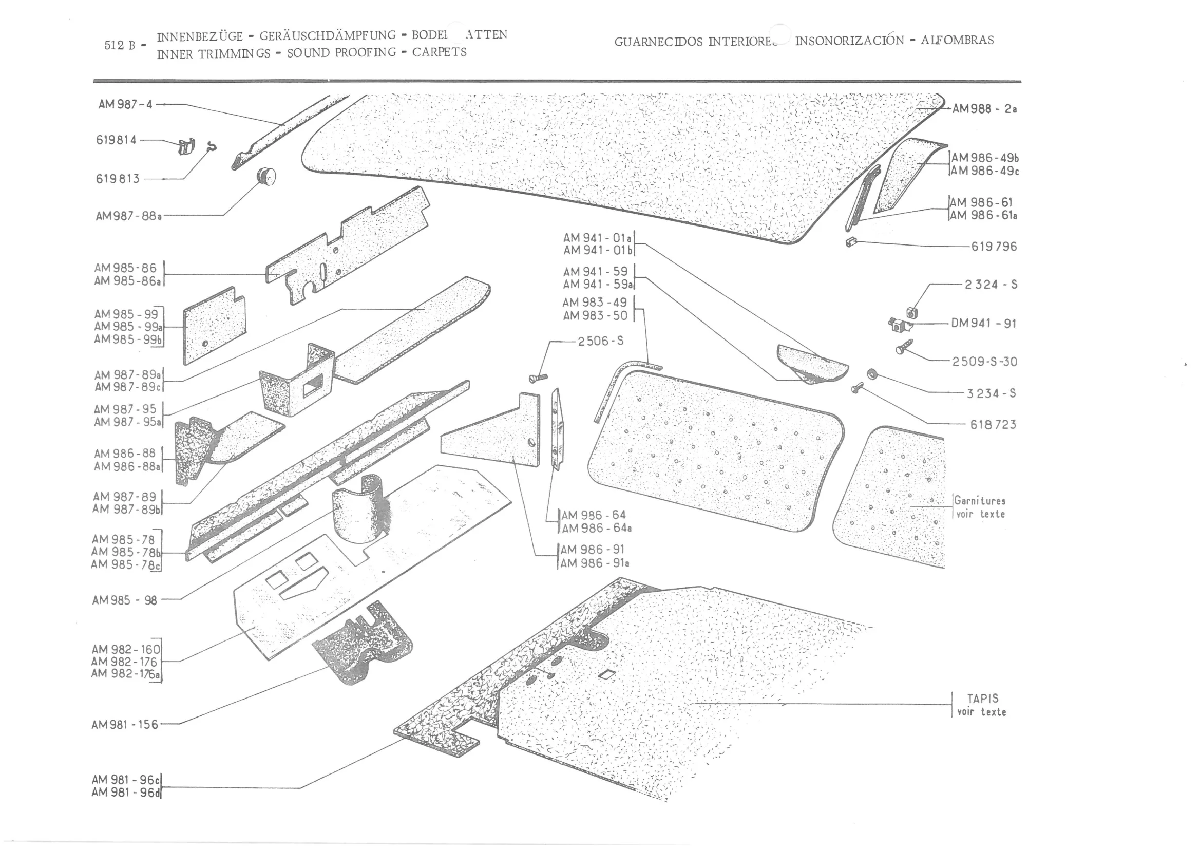 INNER TRIMMINGS - SOUND PROOFING - CARPETS, page 593 of 647 — 486 Parts Catalogue — Ami 6