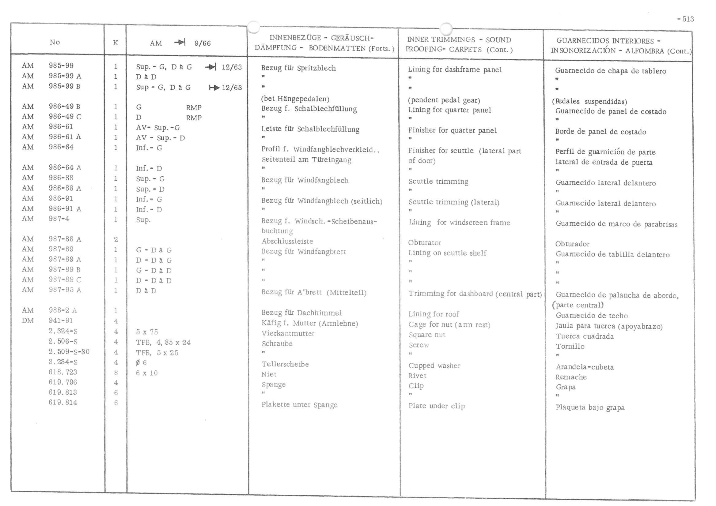 INNER TRIMMINGS - SOUND PROOFING - CARPETS, page 594 of 647 — 486 Parts Catalogue — Ami 6