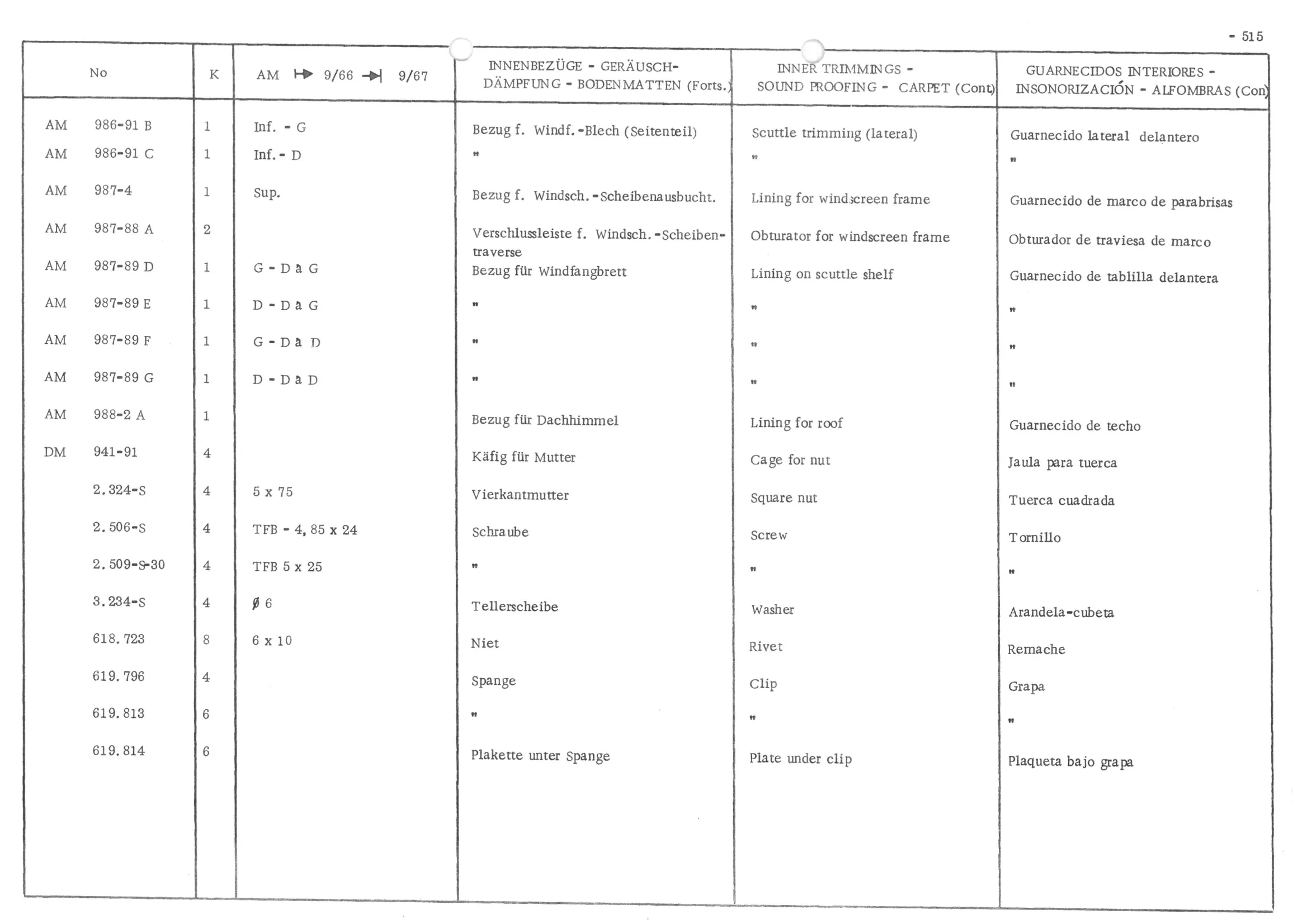 INNER TRIMMINGS - SOUND PROOFING - CARPETS, page 596 of 647 — 486 Parts Catalogue — Ami 6
