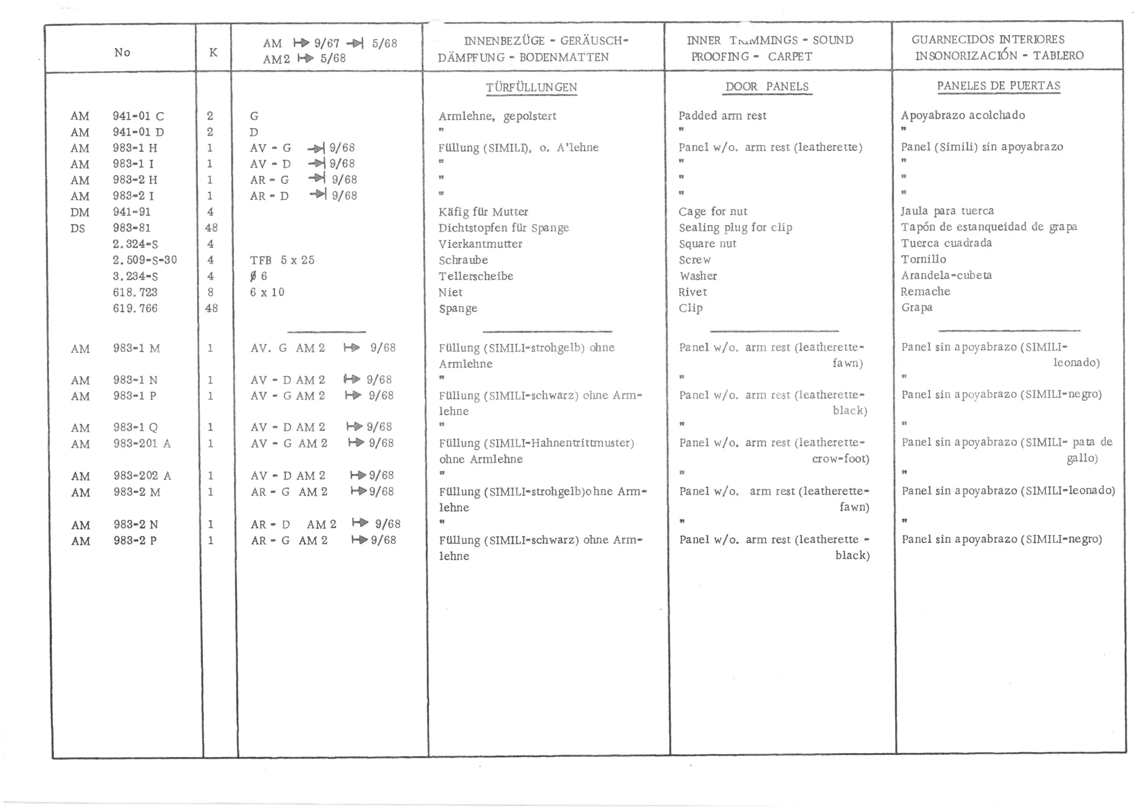 INNER TRIMMINGS - SOUND PROOFING - CARPETS, page 597 of 647 — 486 Parts Catalogue — Ami 6