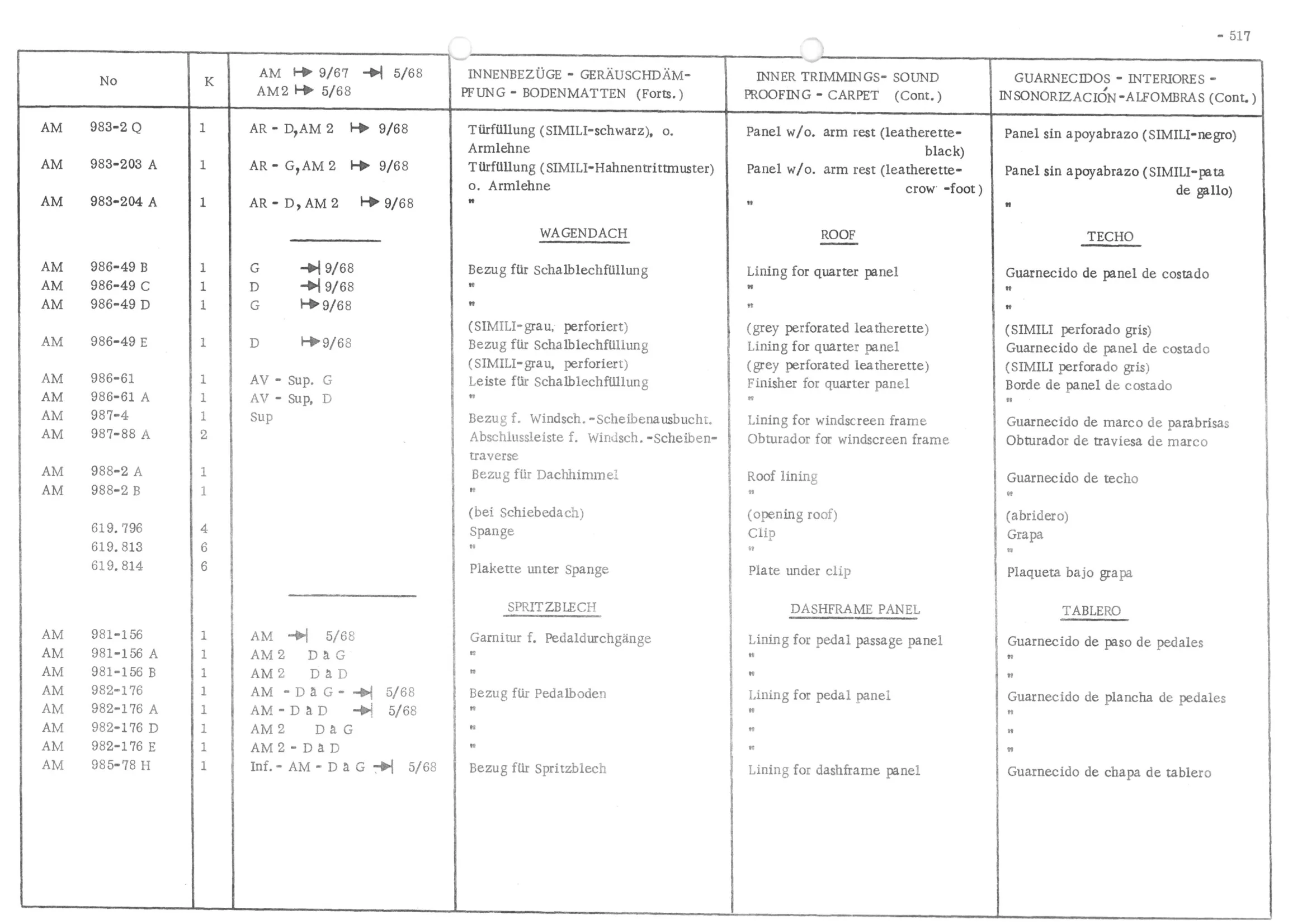 INNER TRIMMINGS - SOUND PROOFING - CARPETS, page 598 of 647 — 486 Parts Catalogue — Ami 6