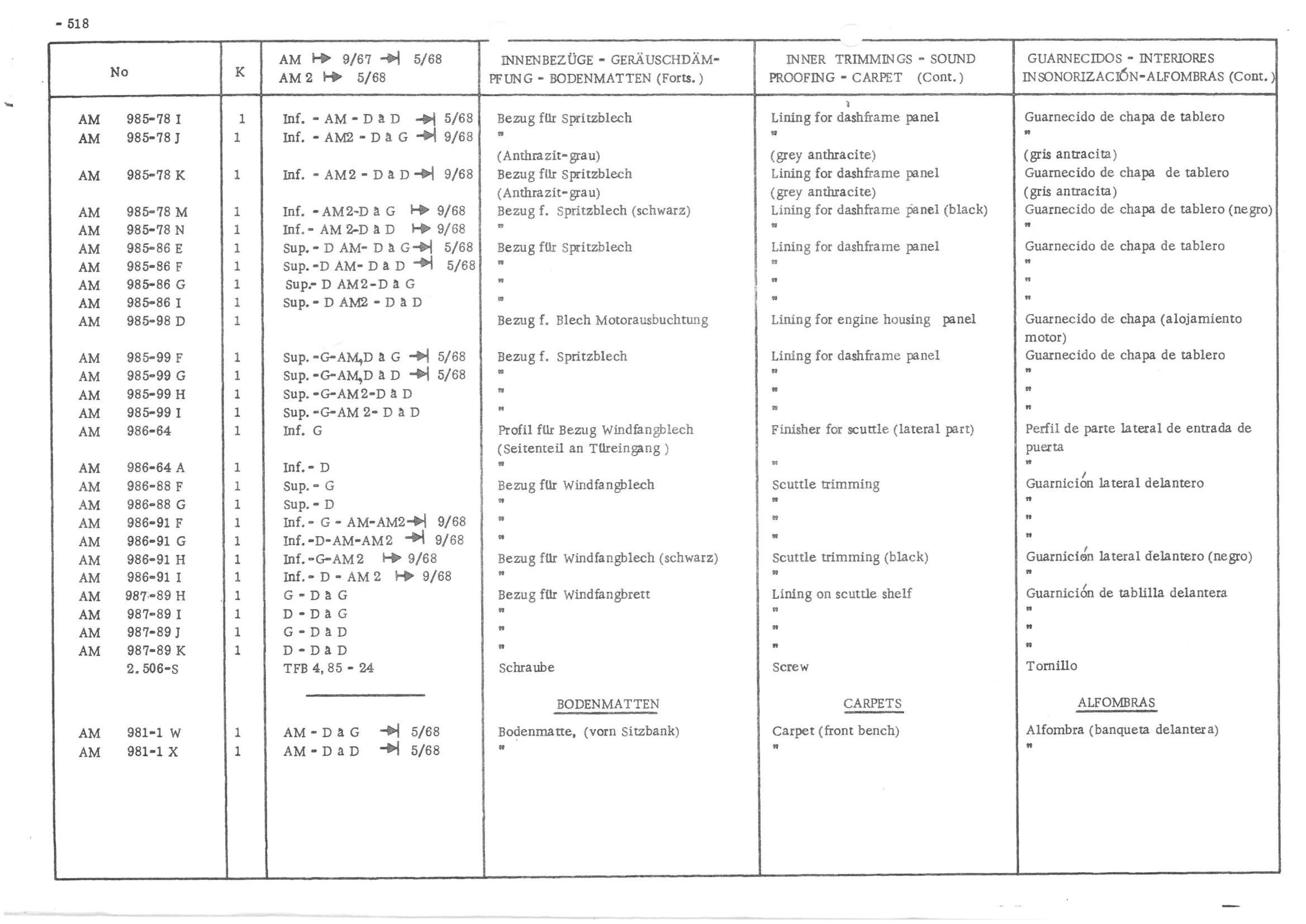 INNER TRIMMINGS - SOUND PROOFING - CARPETS, page 599 of 647 — 486 Parts Catalogue — Ami 6