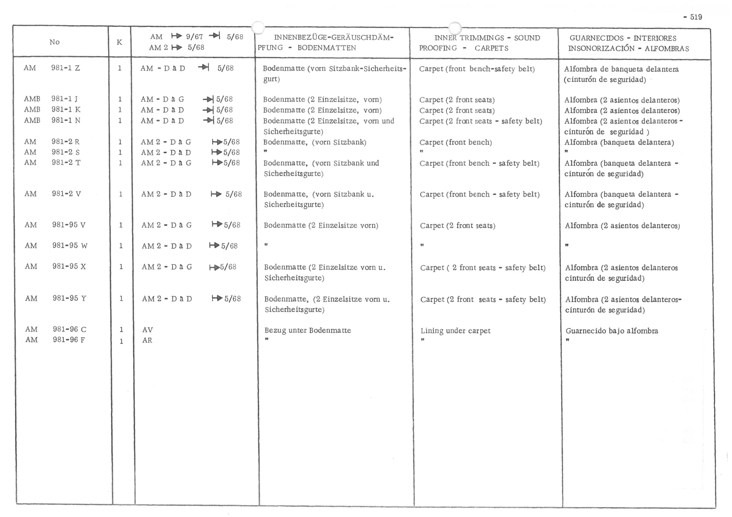 INNER TRIMMINGS - SOUND PROOFING - CARPETS, page 600 of 647 — 486 Parts Catalogue — Ami 6