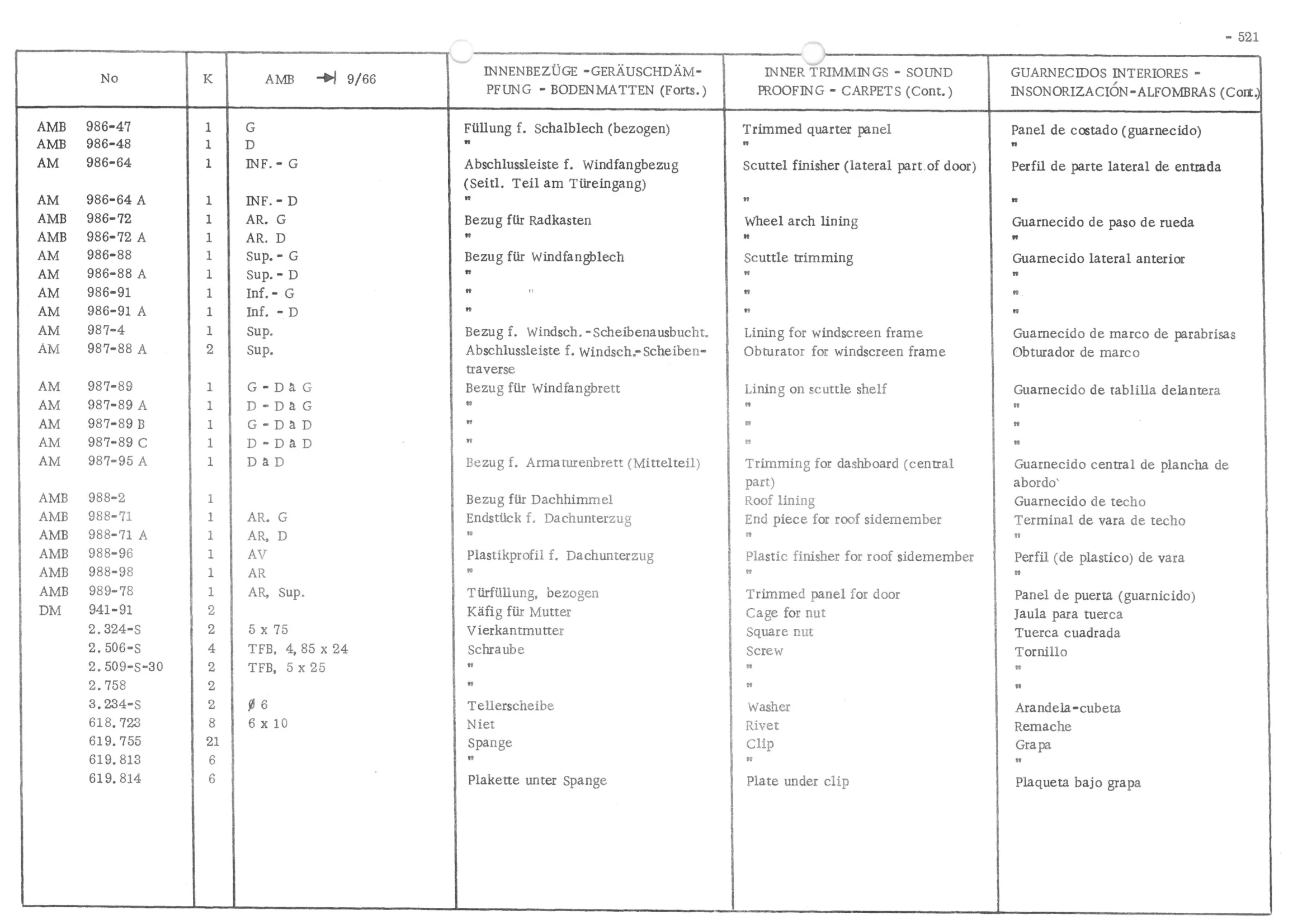 INNER TRIMMINGS - SOUND PROOFING - CARPETS, page 602 of 647 — 486 Parts Catalogue — Ami 6