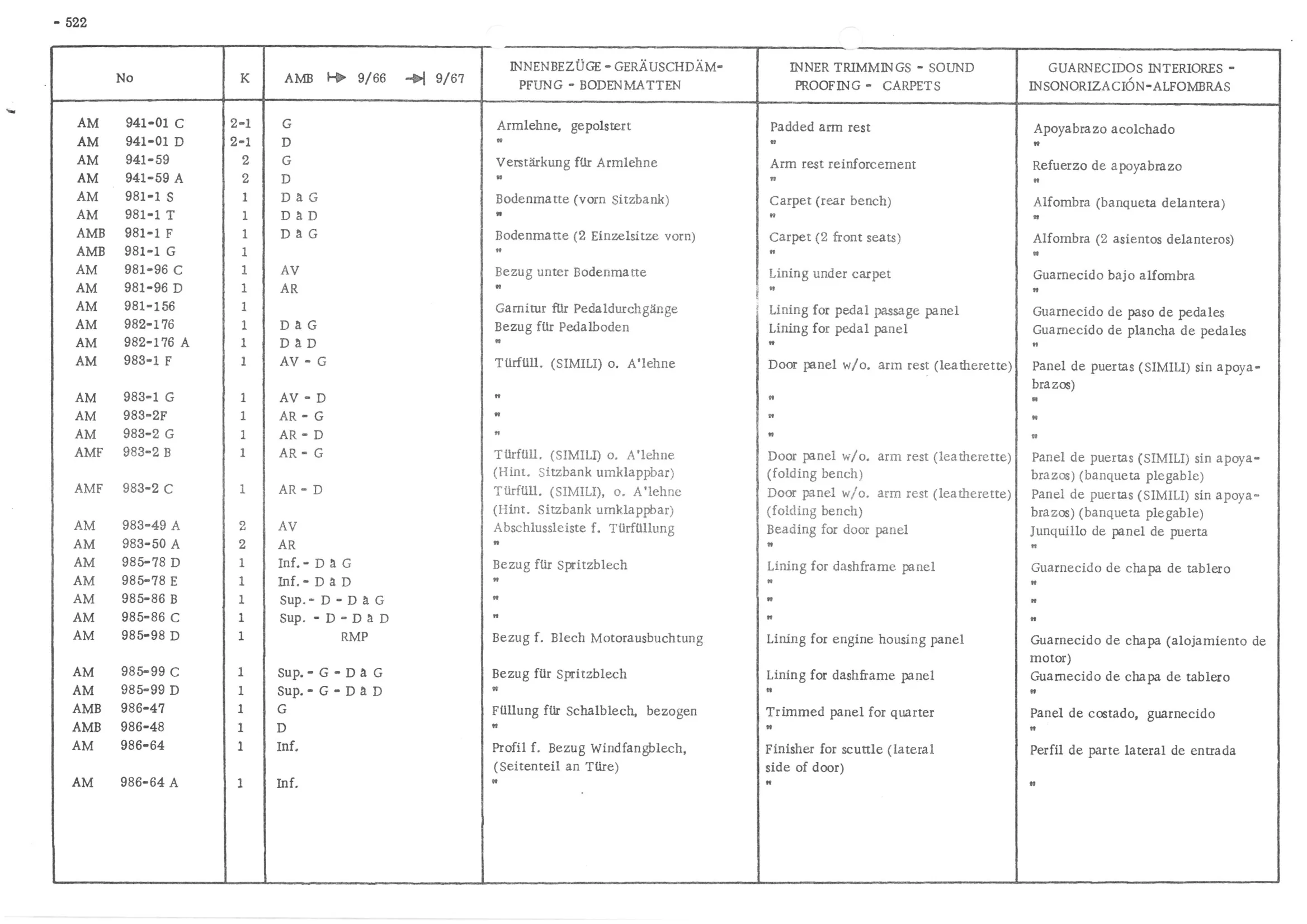 INNER TRIMMINGS - SOUND PROOFING - CARPETS, page 603 of 647 — 486 Parts Catalogue — Ami 6
