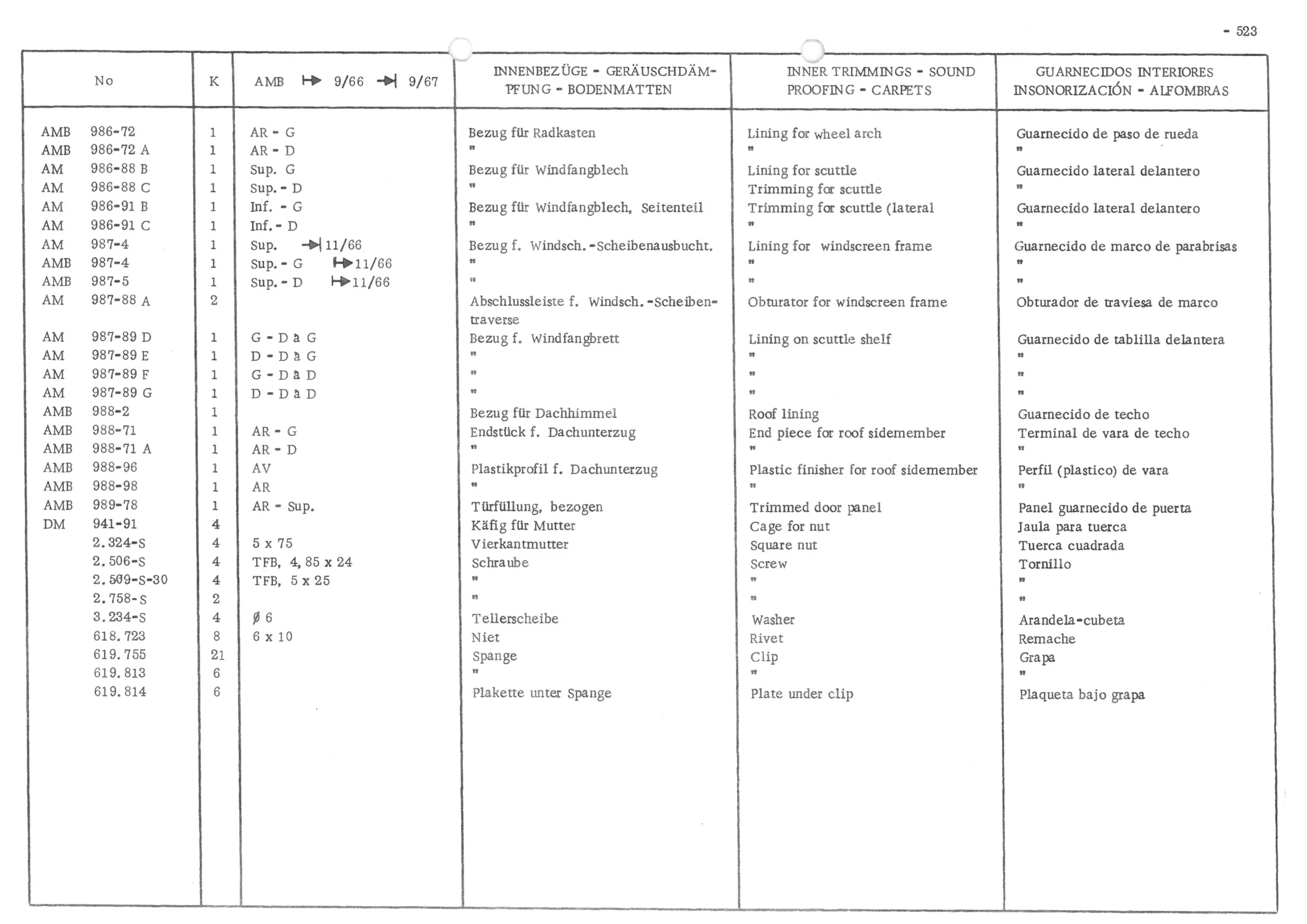 INNER TRIMMINGS - SOUND PROOFING - CARPETS, page 604 of 647 — 486 Parts Catalogue — Ami 6