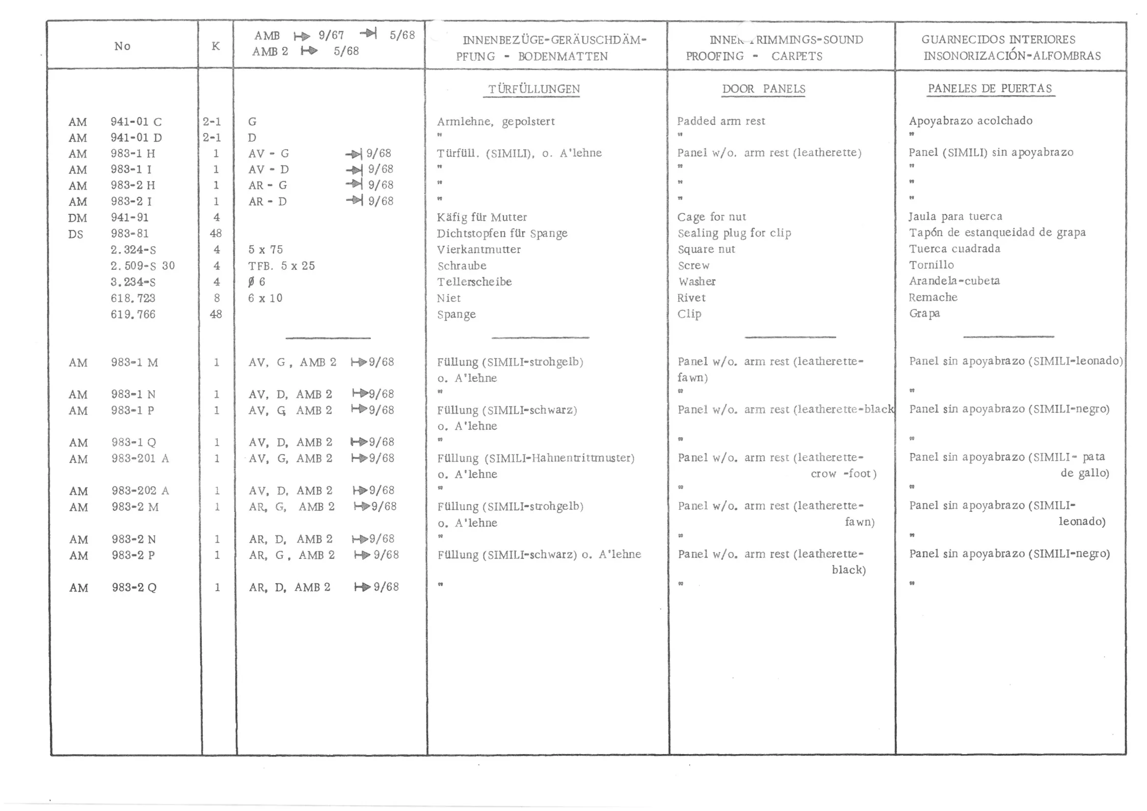 INNER TRIMMINGS - SOUND PROOFING - CARPETS, page 605 of 647 — 486 Parts Catalogue — Ami 6