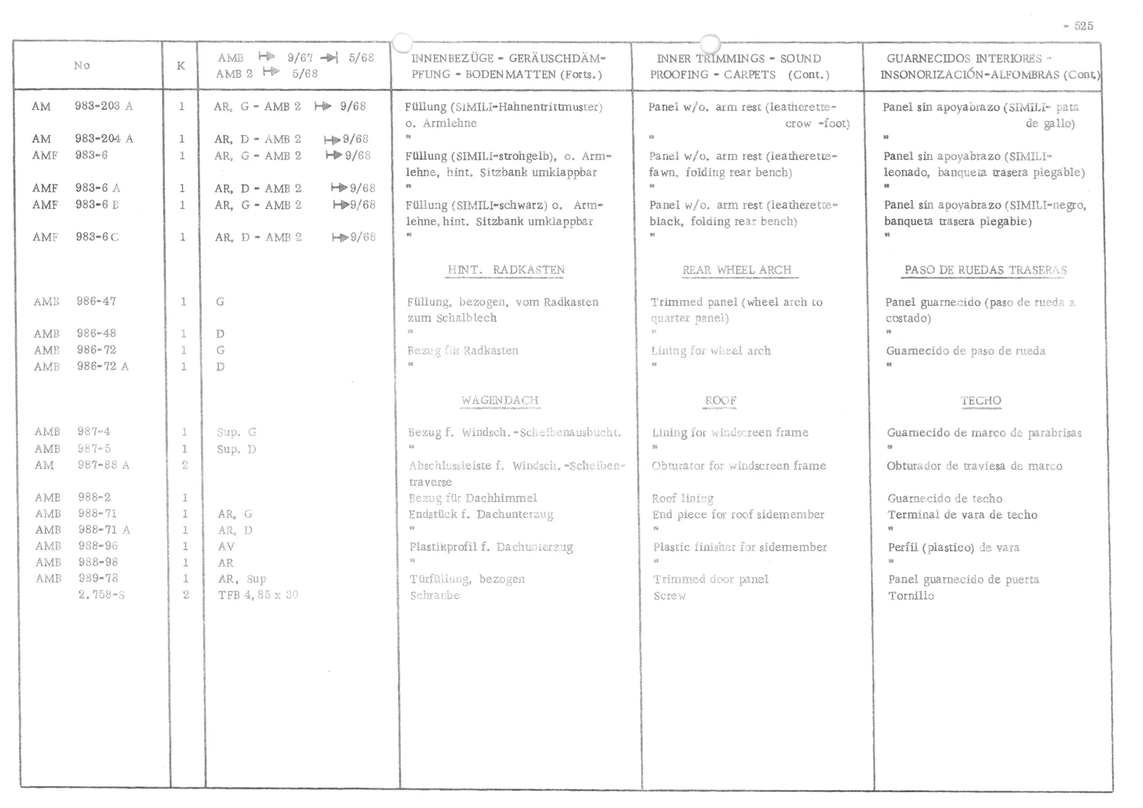 INNER TRIMMINGS - SOUND PROOFING - CARPETS, page 606 of 647 — 486 Parts Catalogue — Ami 6