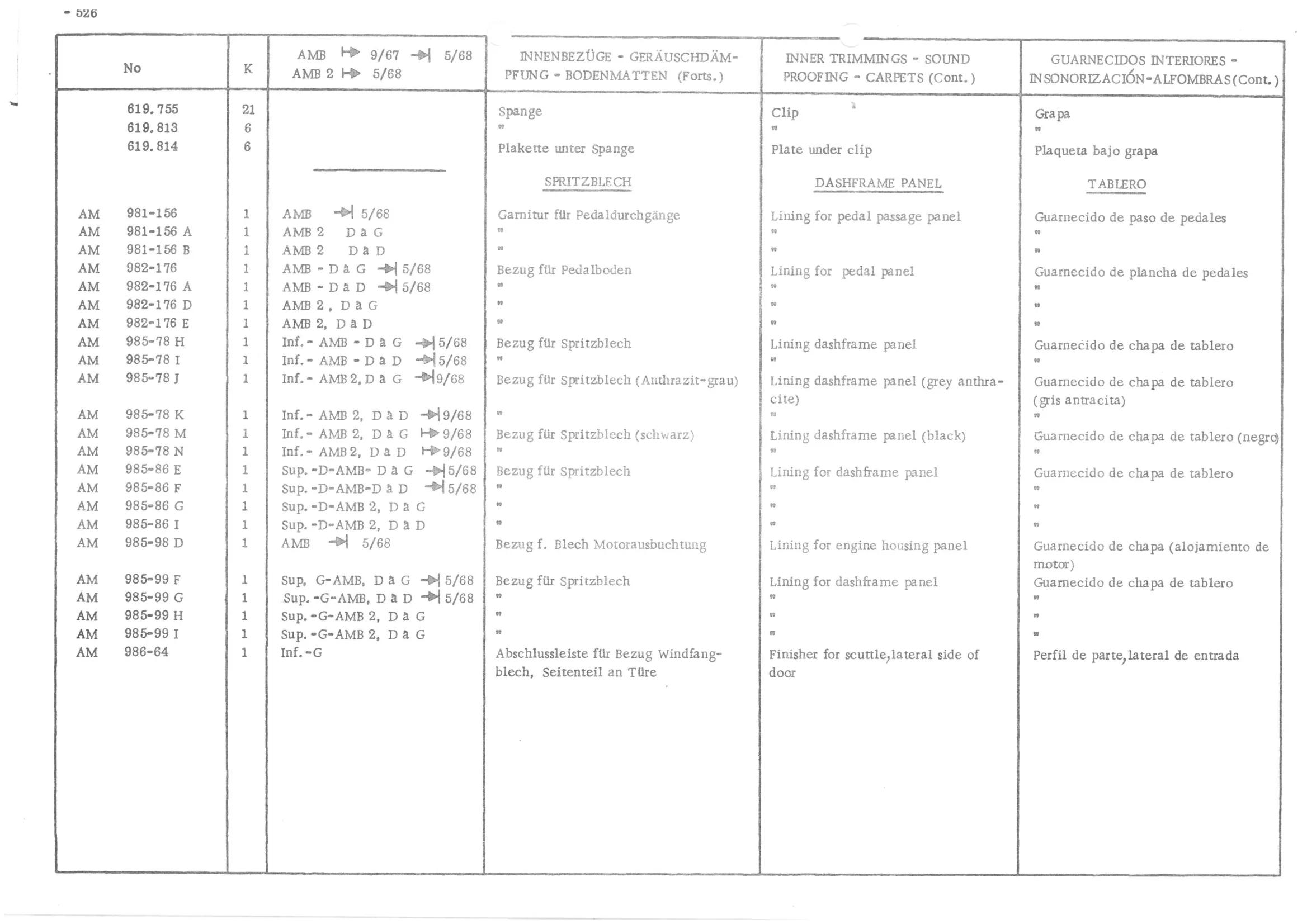 INNER TRIMMINGS - SOUND PROOFING - CARPETS, page 607 of 647 — 486 Parts Catalogue — Ami 6