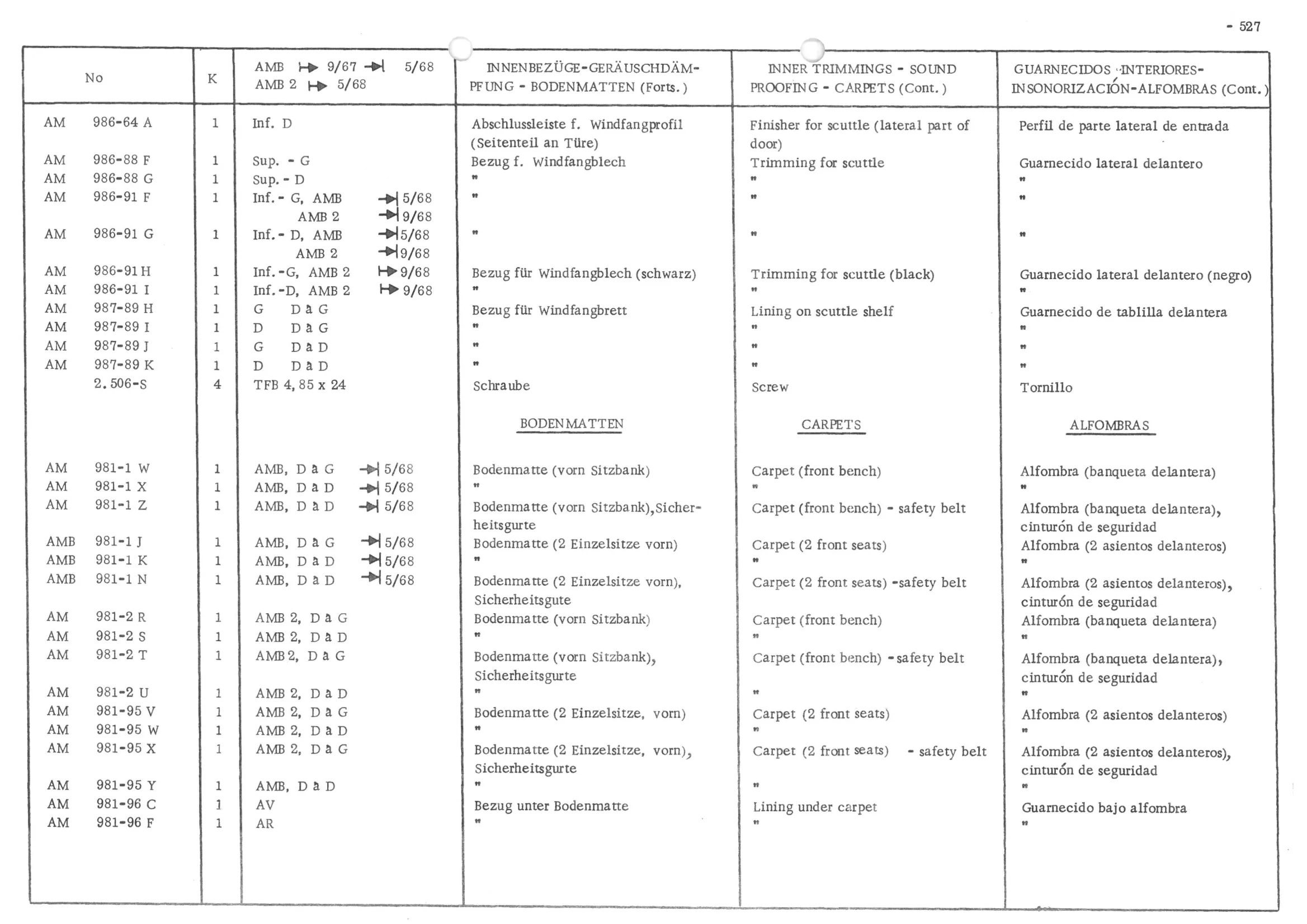INNER TRIMMINGS - SOUND PROOFING - CARPETS, page 608 of 647 — 486 Parts Catalogue — Ami 6