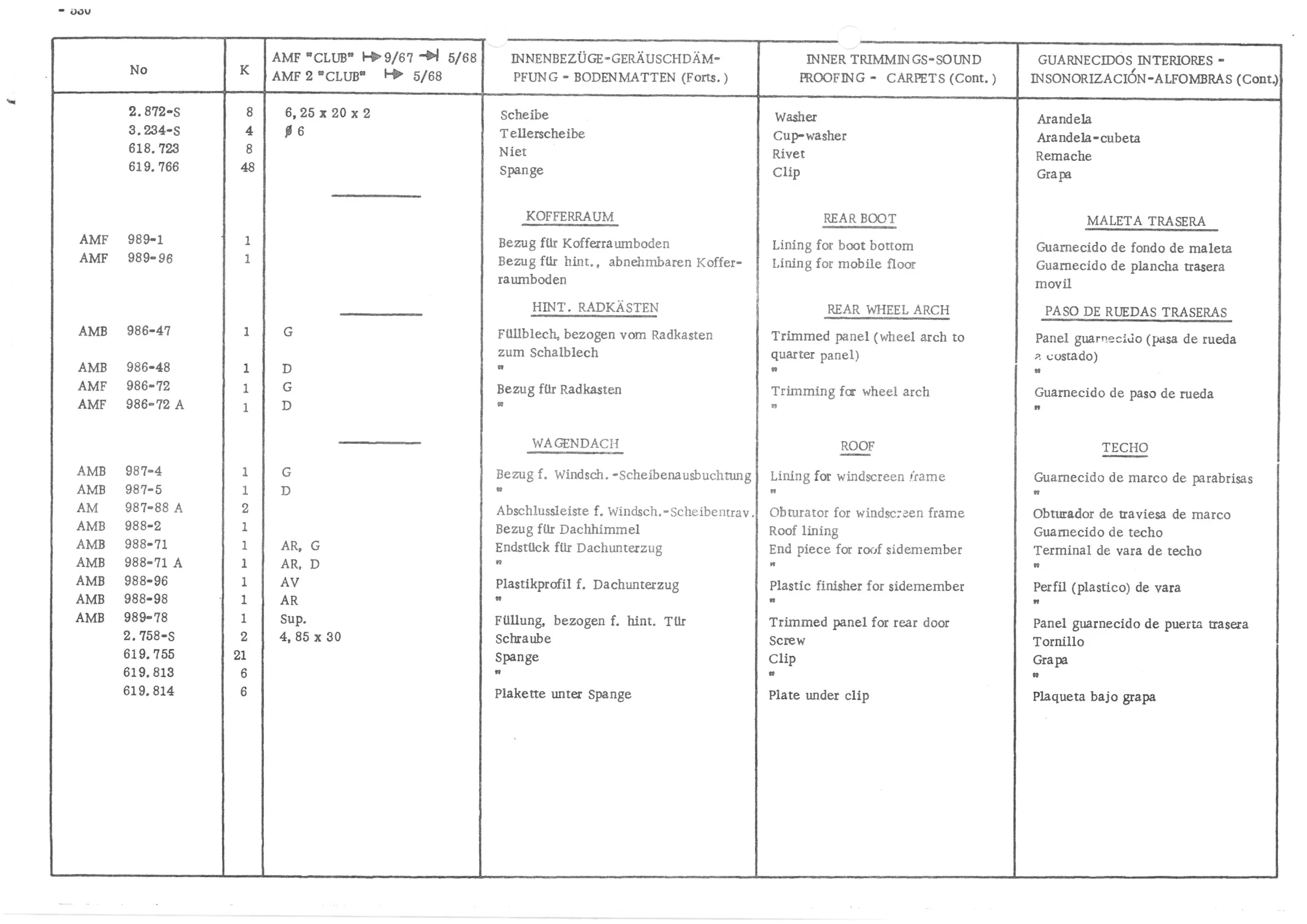 INNER TRIMMINGS - SOUND PROOFING - CARPETS, page 611 of 647 — 486 Parts Catalogue — Ami 6