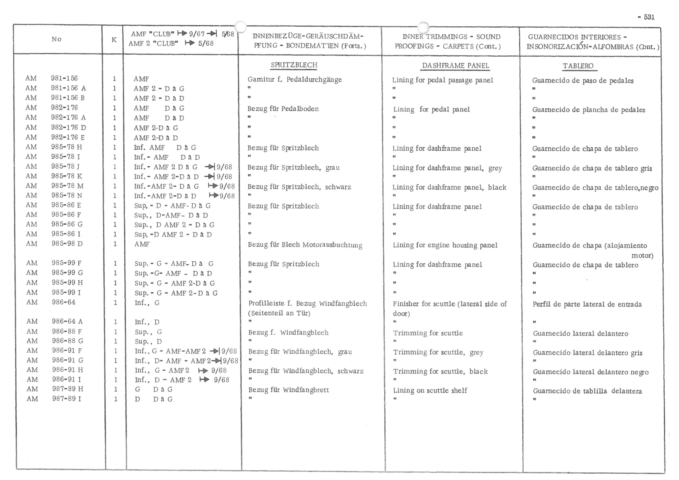 INNER TRIMMINGS - SOUND PROOFING - CARPETS, page 612 of 647 — 486 Parts Catalogue — Ami 6