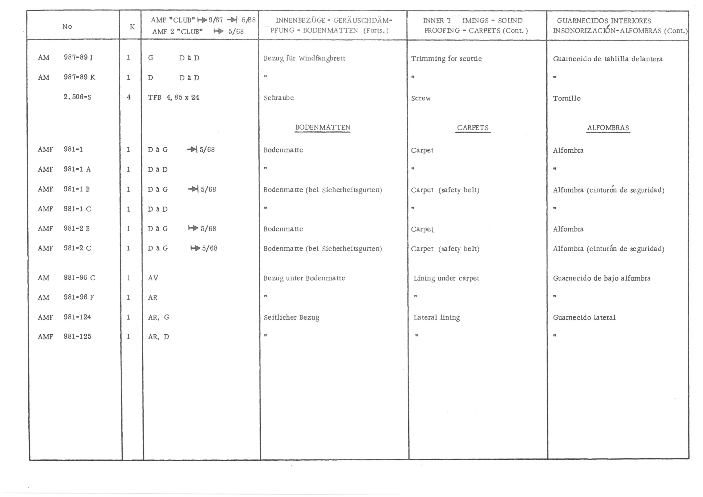 INNER TRIMMINGS - SOUND PROOFING - CARPETS, page 613 of 647 — 486 Parts Catalogue — Ami 6