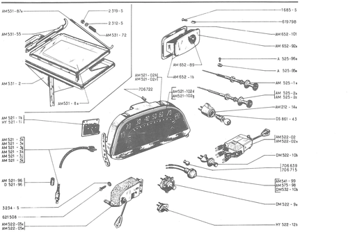 INSTRUMENT PANEL VOLTS - BATTERY BRACKET SOF, page 323 — 486 Parts Catalogue — Ami 6