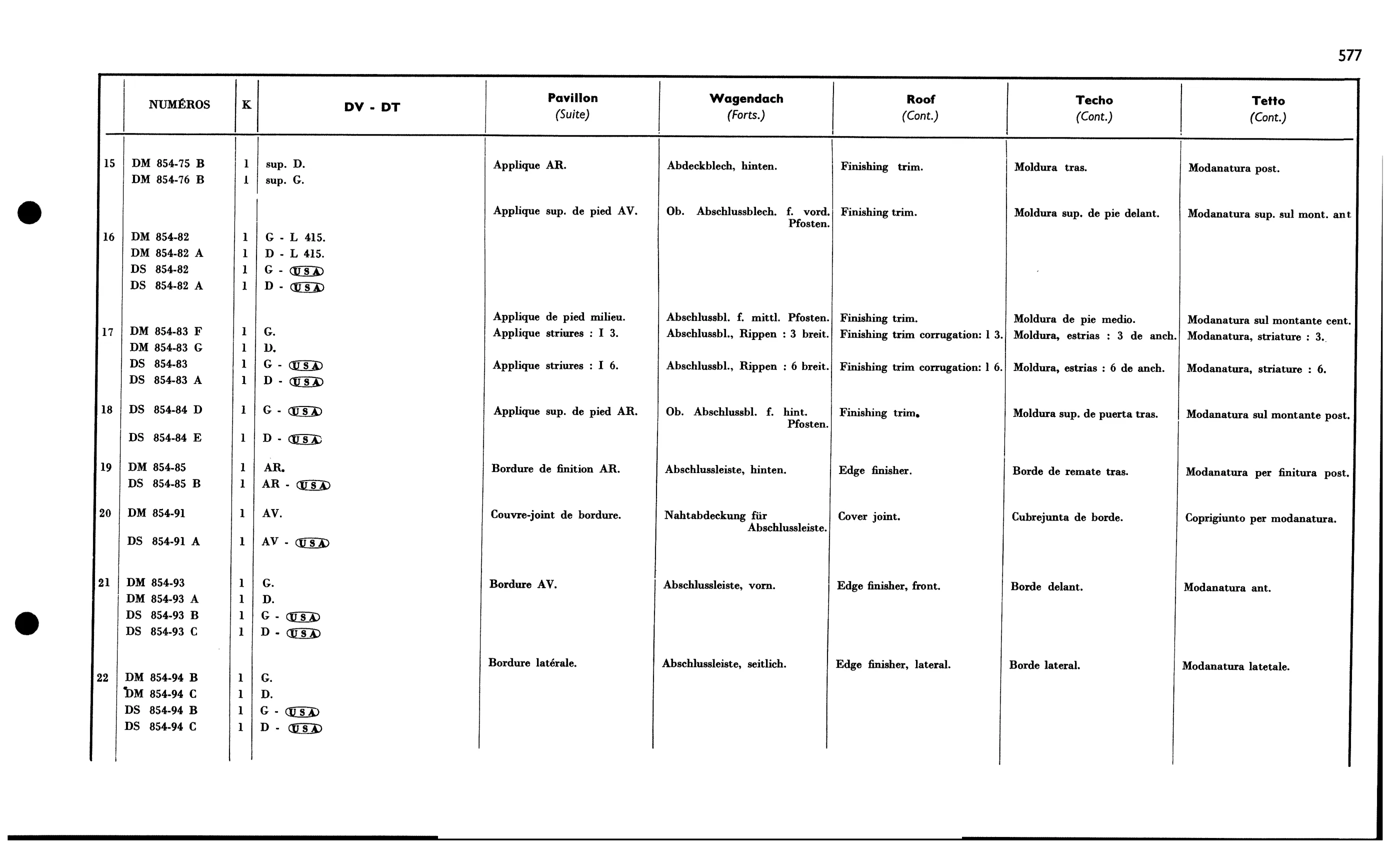 Roof DV, DT, page 525 of 688 — 577 Parts Catalogue — Volume I