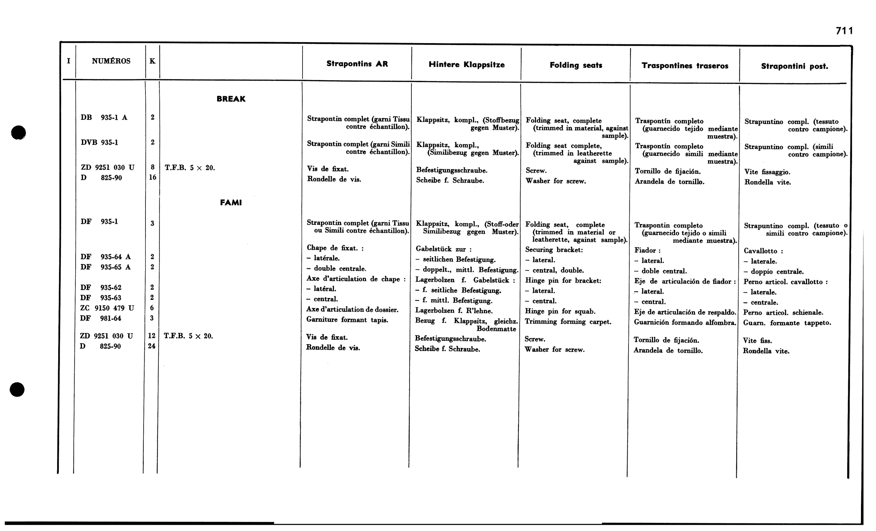 Folding seats Bk (Strapontins), page 623 of 688 — 577 Parts Catalogue — Volume I