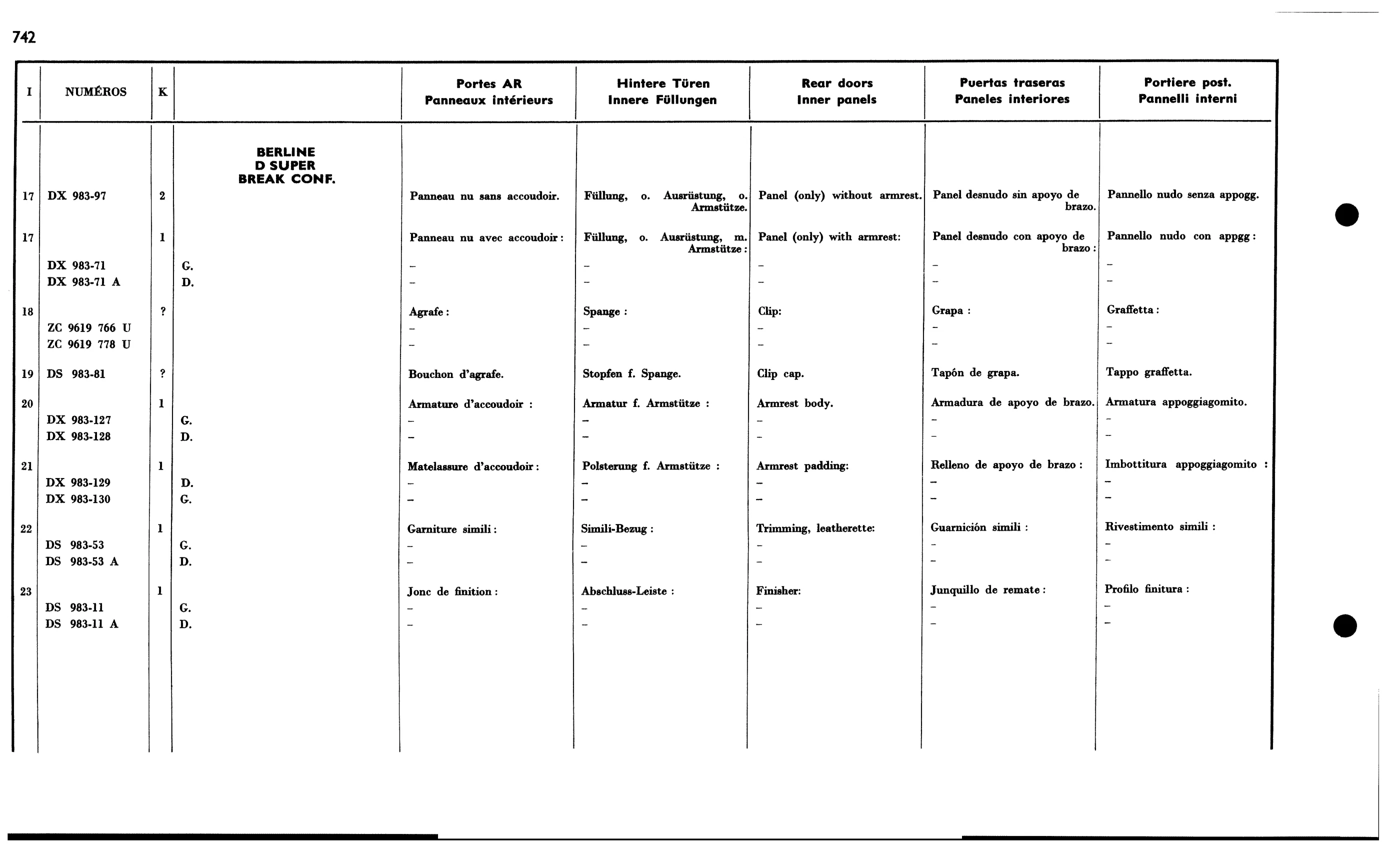 R. door int. panel Bk confort, DSuper, page 650 of 688 — 577 Parts Catalogue — Volume I