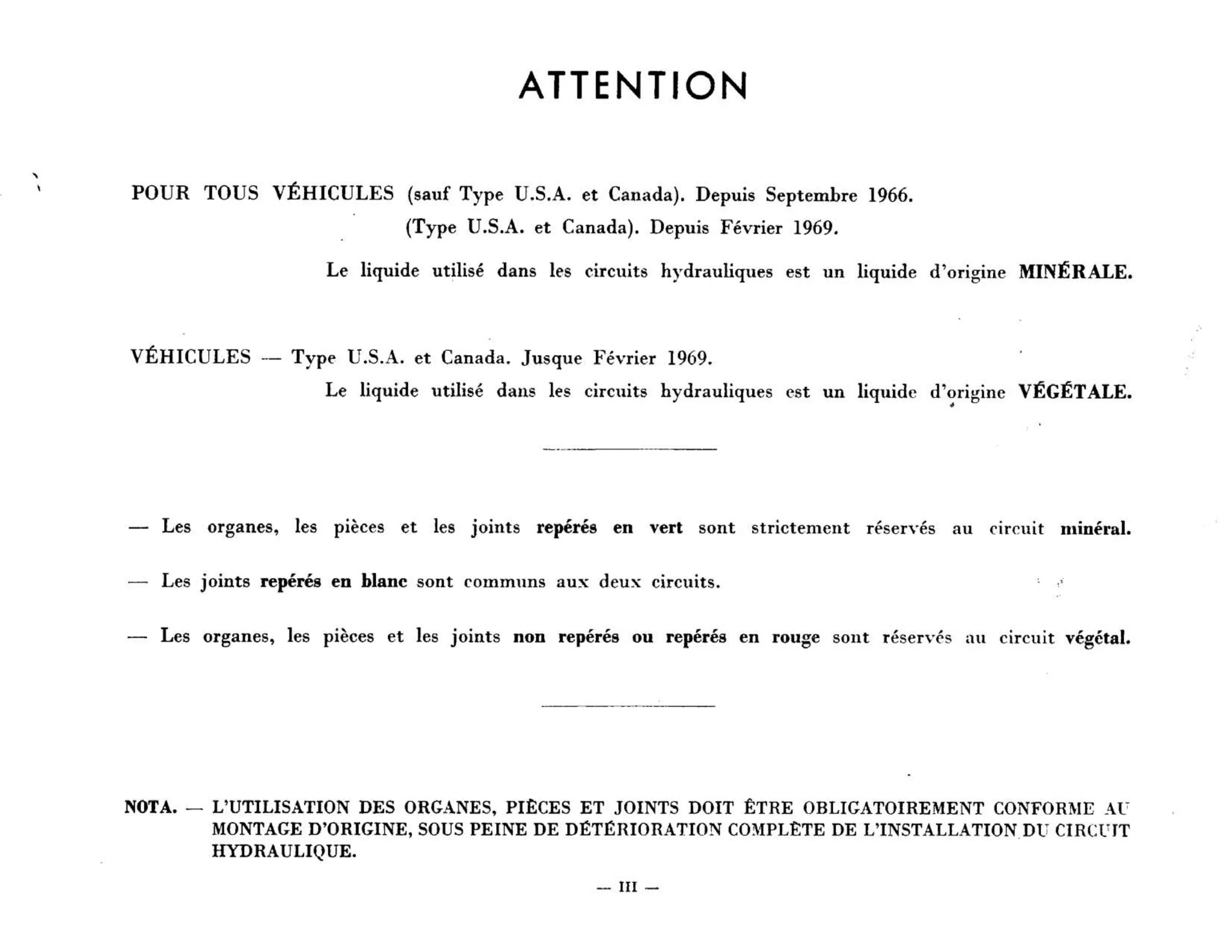 Hydraulic fluid warning, page 3 of 344 — 598 Parts Catalogue — Volume I