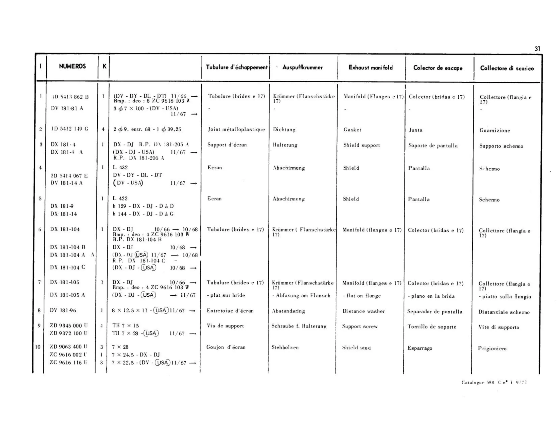 Exhaust manifold, page 67 of 344 — 598 Parts Catalogue — Volume I