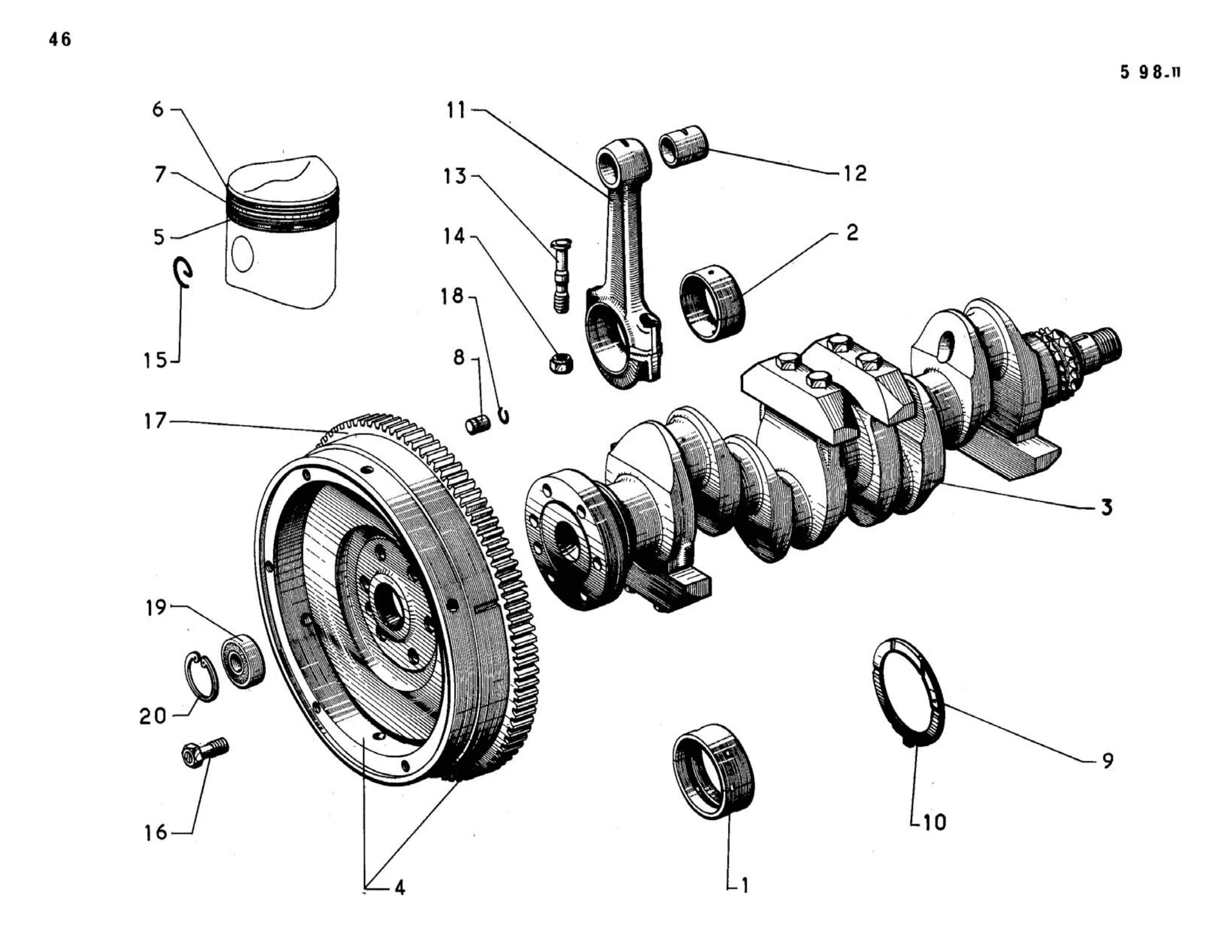 Crank, bearings, flywheel, piston rings, page 78 of 344 — 598 Parts Catalogue — Volume I
