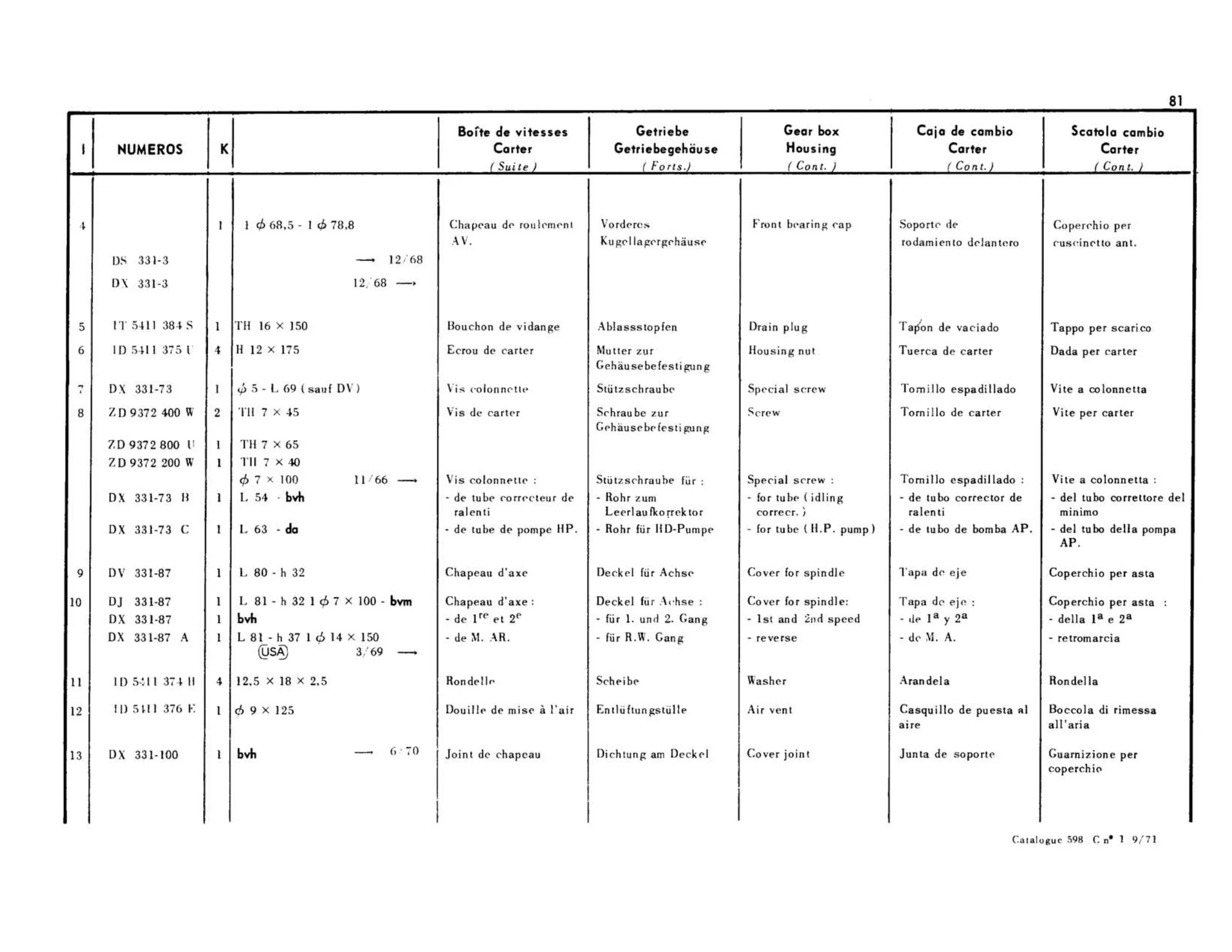 Housing, page 104 of 344 — 598 Parts Catalogue — Volume I