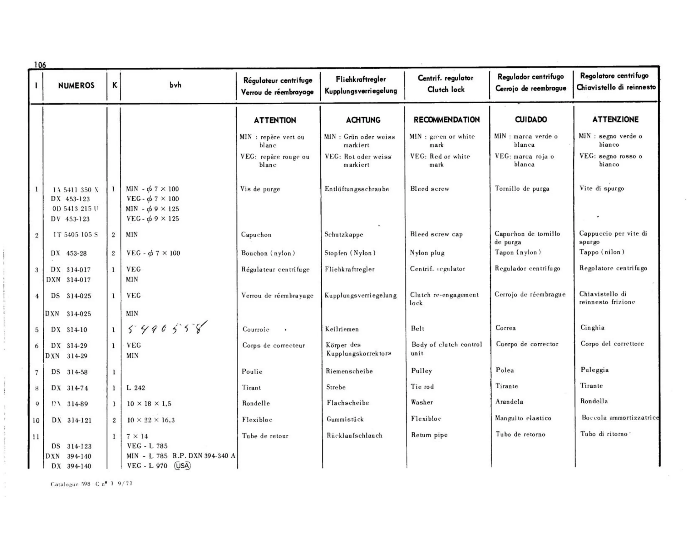 Centrifugal regulator, clutch lock, page 123 of 344 — 598 Parts Catalogue — Volume I