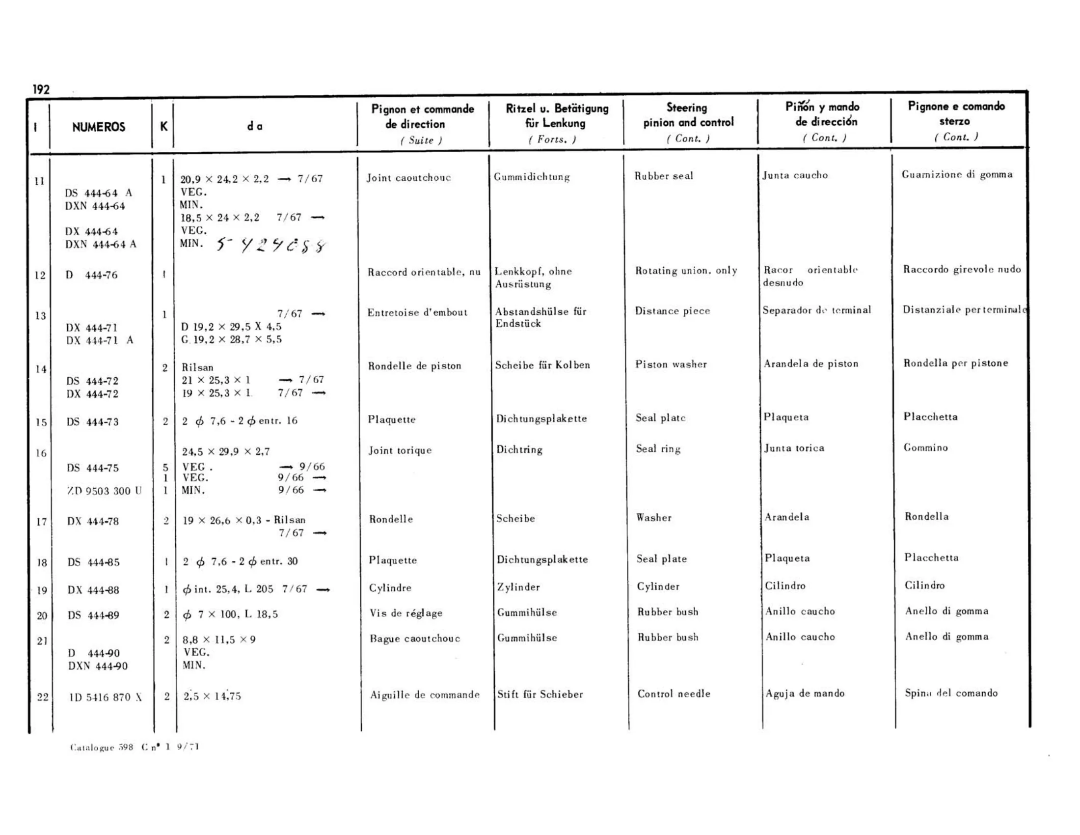 Pinion, and control, page 182 of 344 — 598 Parts Catalogue — Volume I