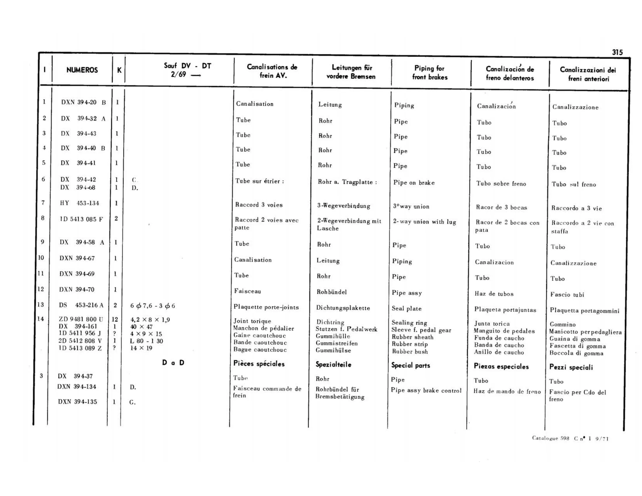 Brakes piping / Front and rear exc DV,DT, >2/69 , page 267 of 344 — 598 Parts Catalogue — Volume I