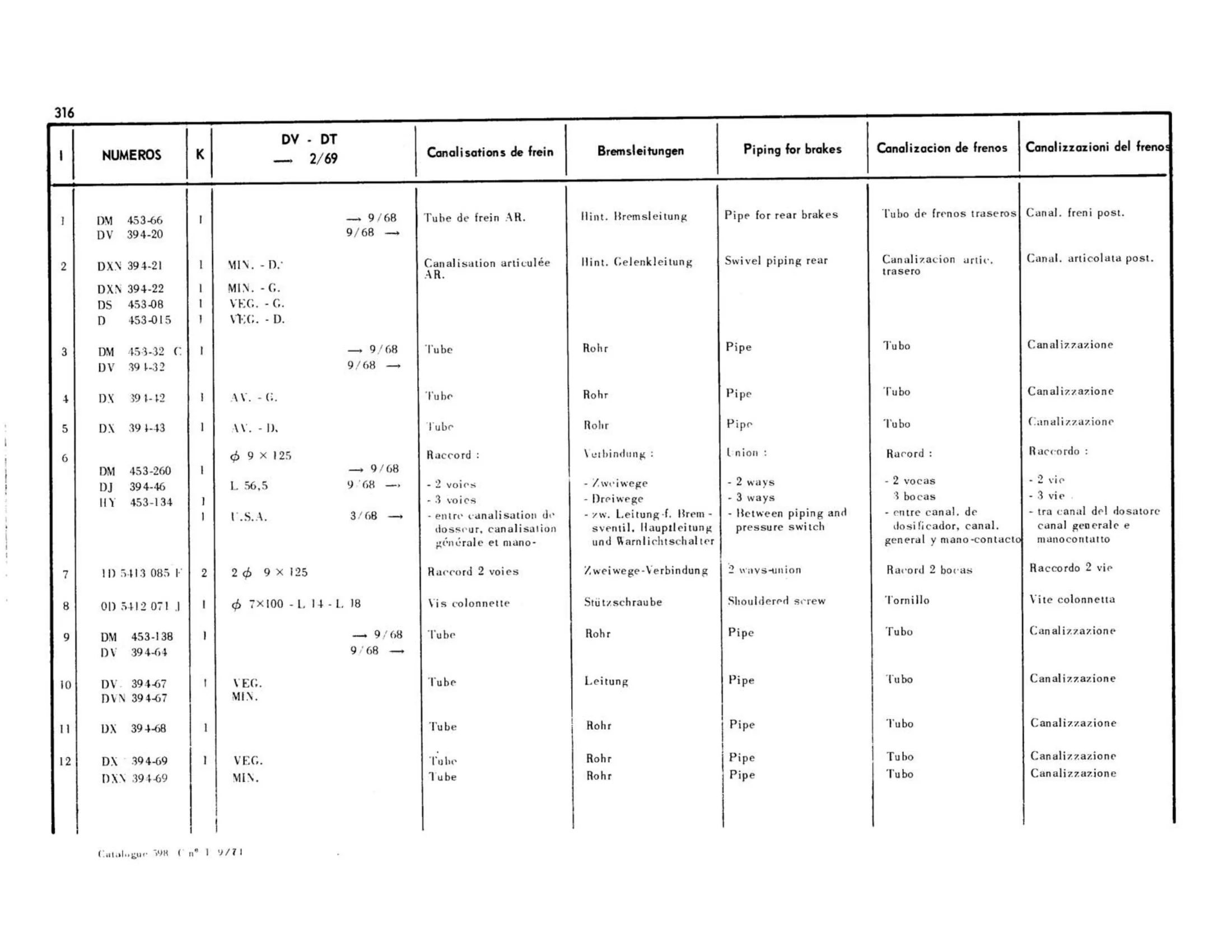 Brakes piping / Front and rear exc DV,DT, >2/69 , page 269 of 344 — 598 Parts Catalogue — Volume I