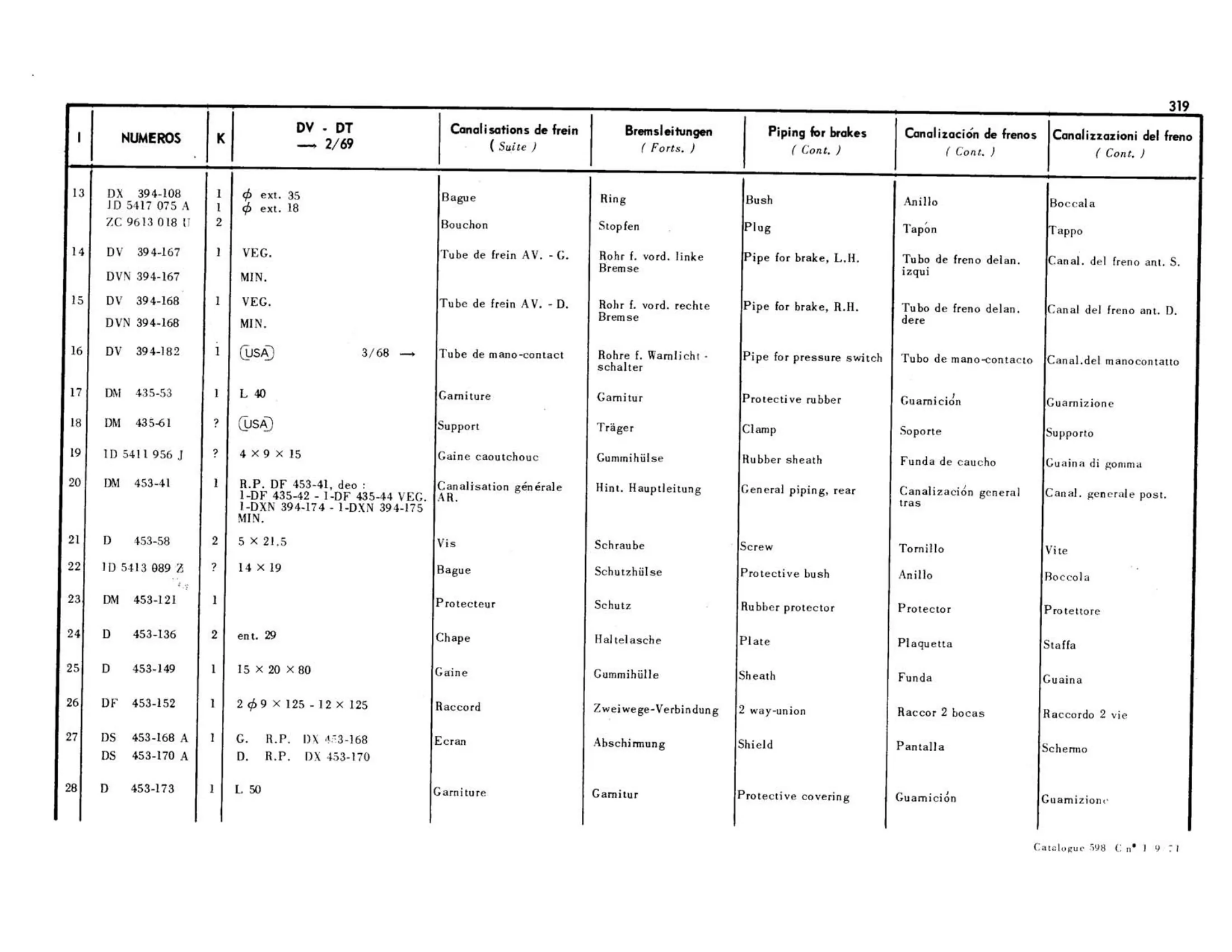 Brakes piping / Front and rear exc DV,DT, >2/69 , page 270 of 344 — 598 Parts Catalogue — Volume I