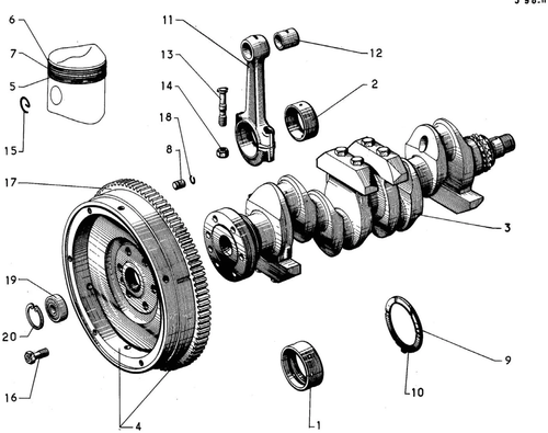 Crank, bearings, flywheel, piston rings, page 78 — 598 Parts Catalogue — Volume I