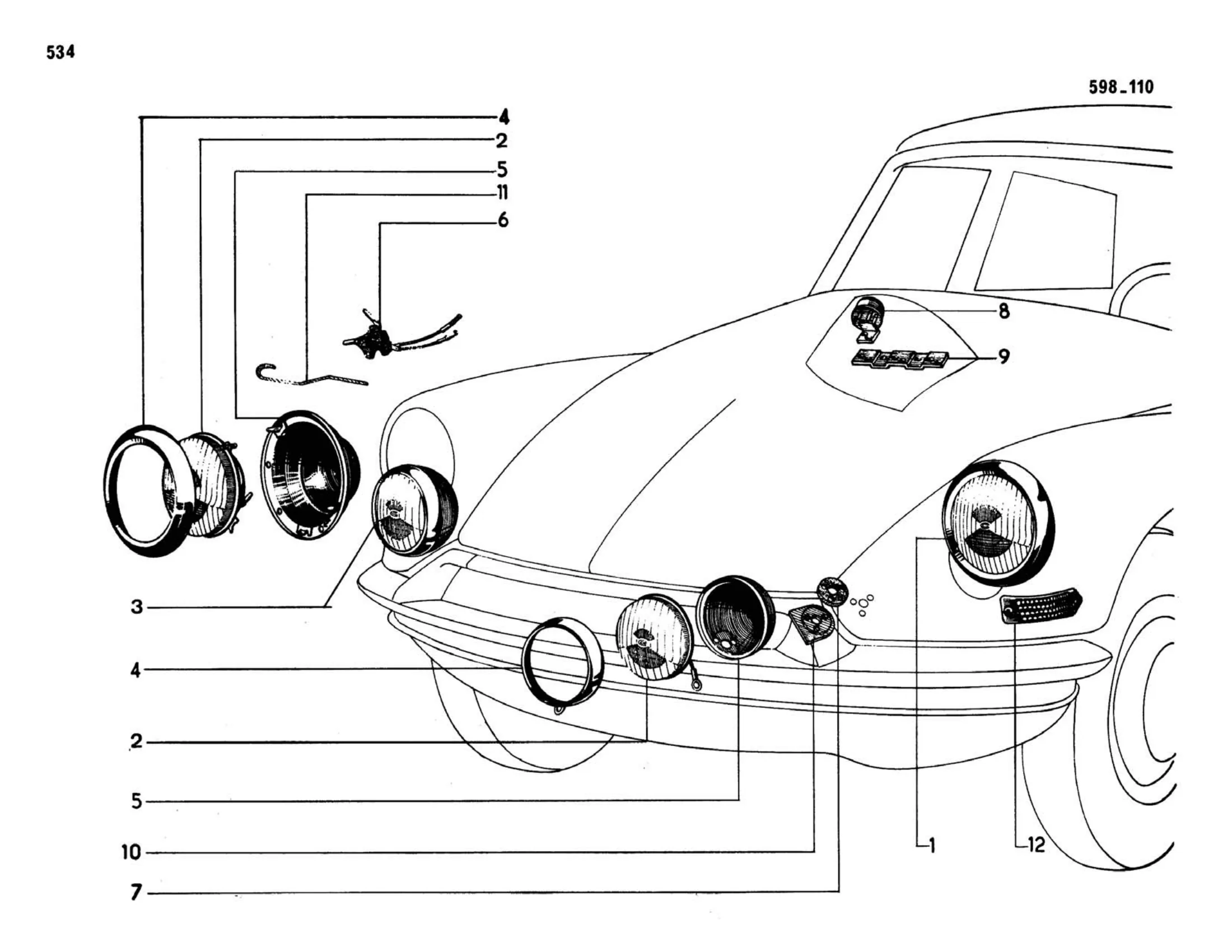 Headlights, direction indicators / 9/67> except USA, page 141 of 503 — 598 Parts Catalogue — Volume II