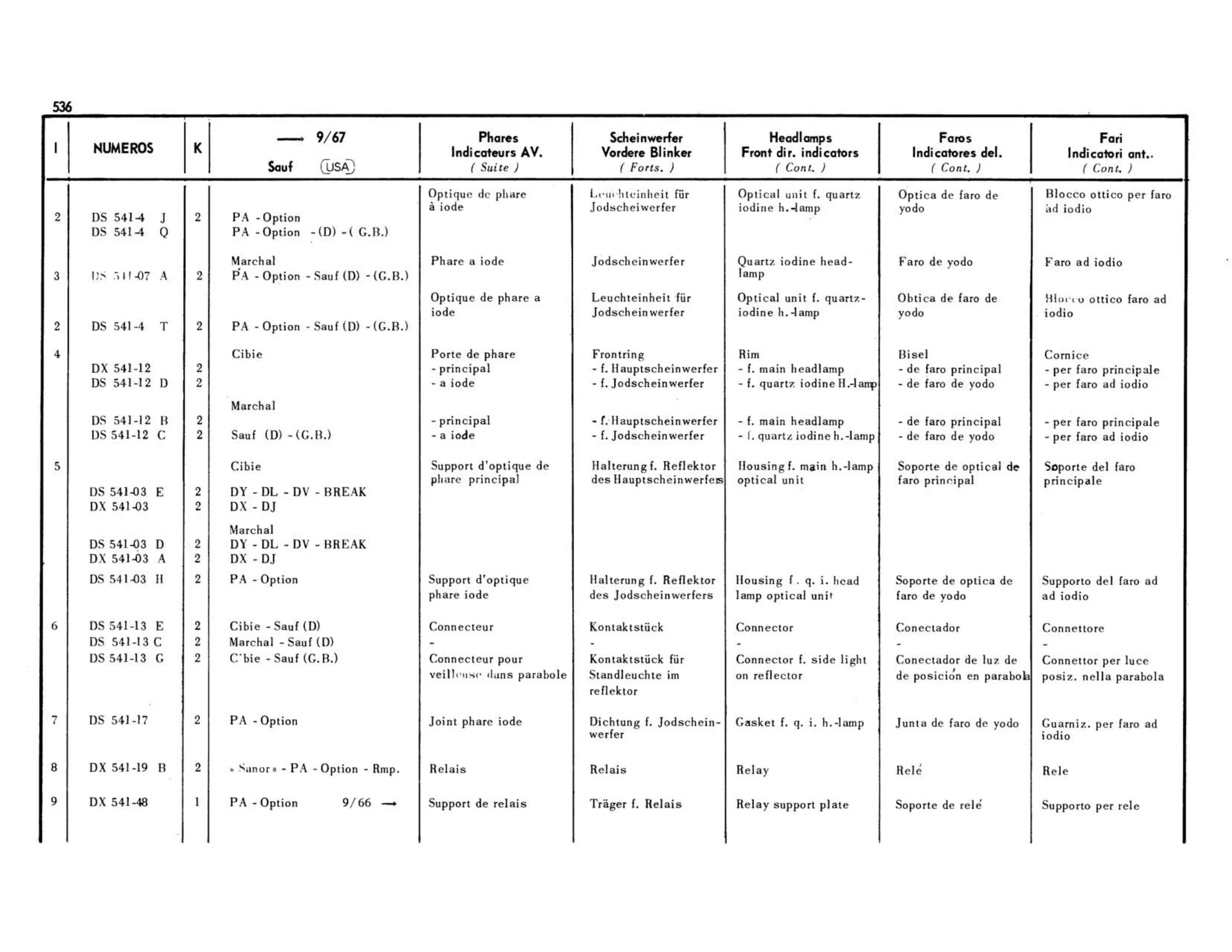 Headlights, direction indicators / 9/67> except USA, page 143 of 503 — 598 Parts Catalogue — Volume II