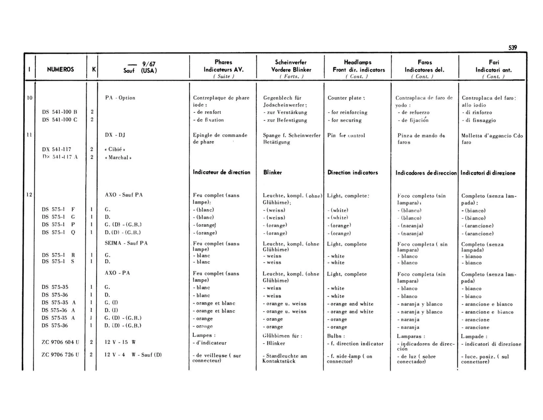 Headlights, direction indicators / 9/67> except USA, page 144 of 503 — 598 Parts Catalogue — Volume II