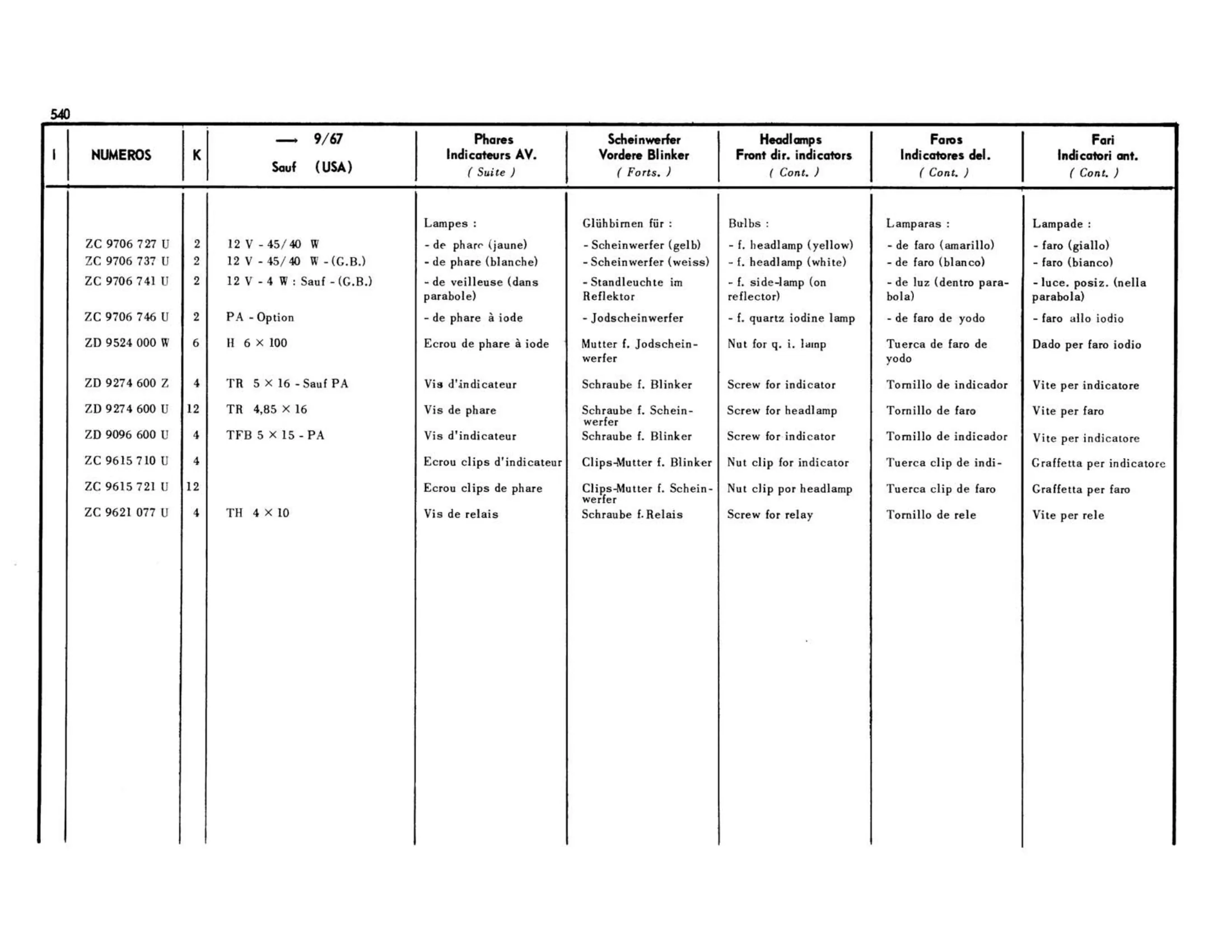 Headlights, direction indicators / 9/67> except USA, page 145 of 503 — 598 Parts Catalogue — Volume II