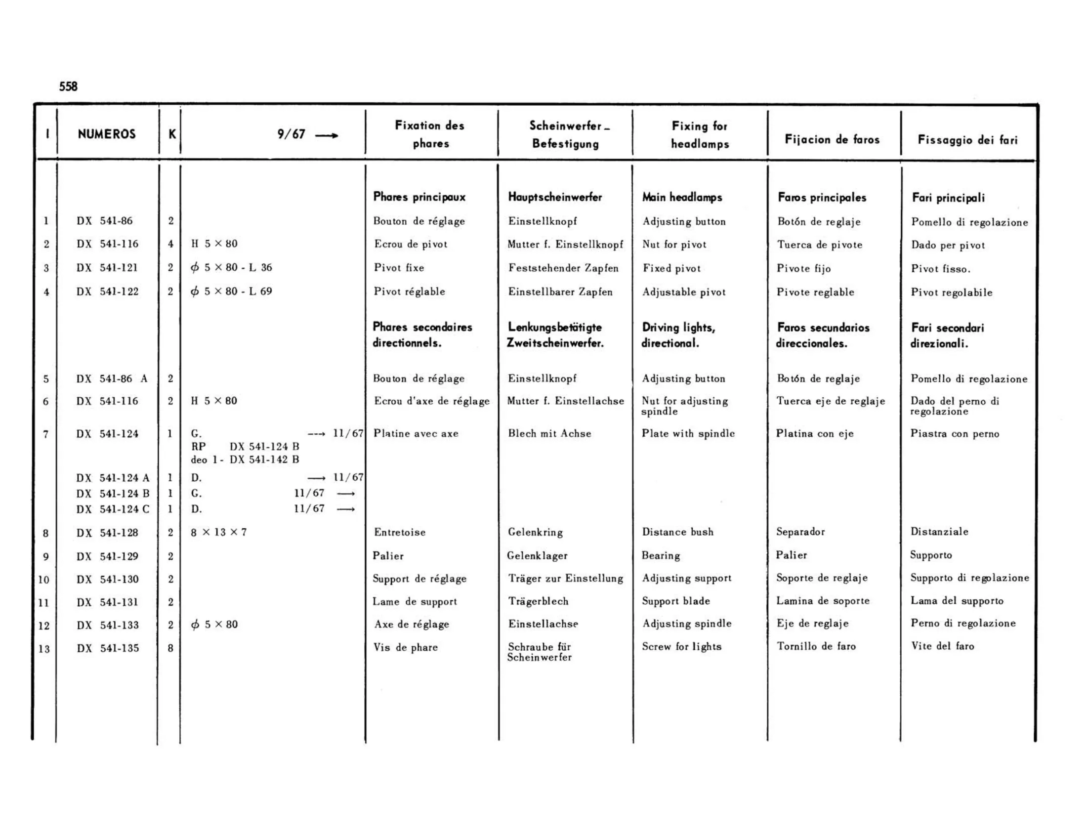 Headlight mount 9/67>, page 159 of 503 — 598 Parts Catalogue — Volume II