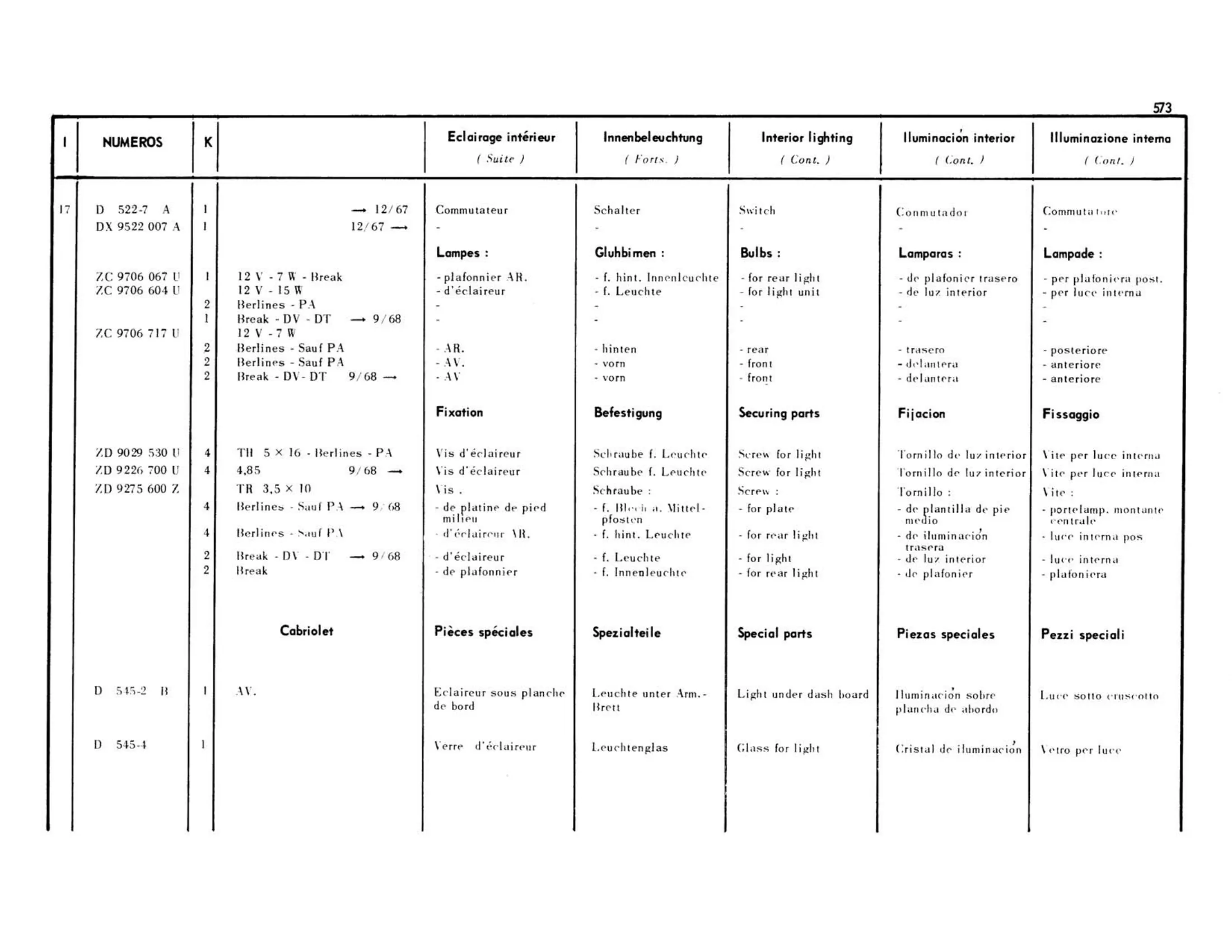 Interior lighting, page 170 of 503 — 598 Parts Catalogue — Volume II