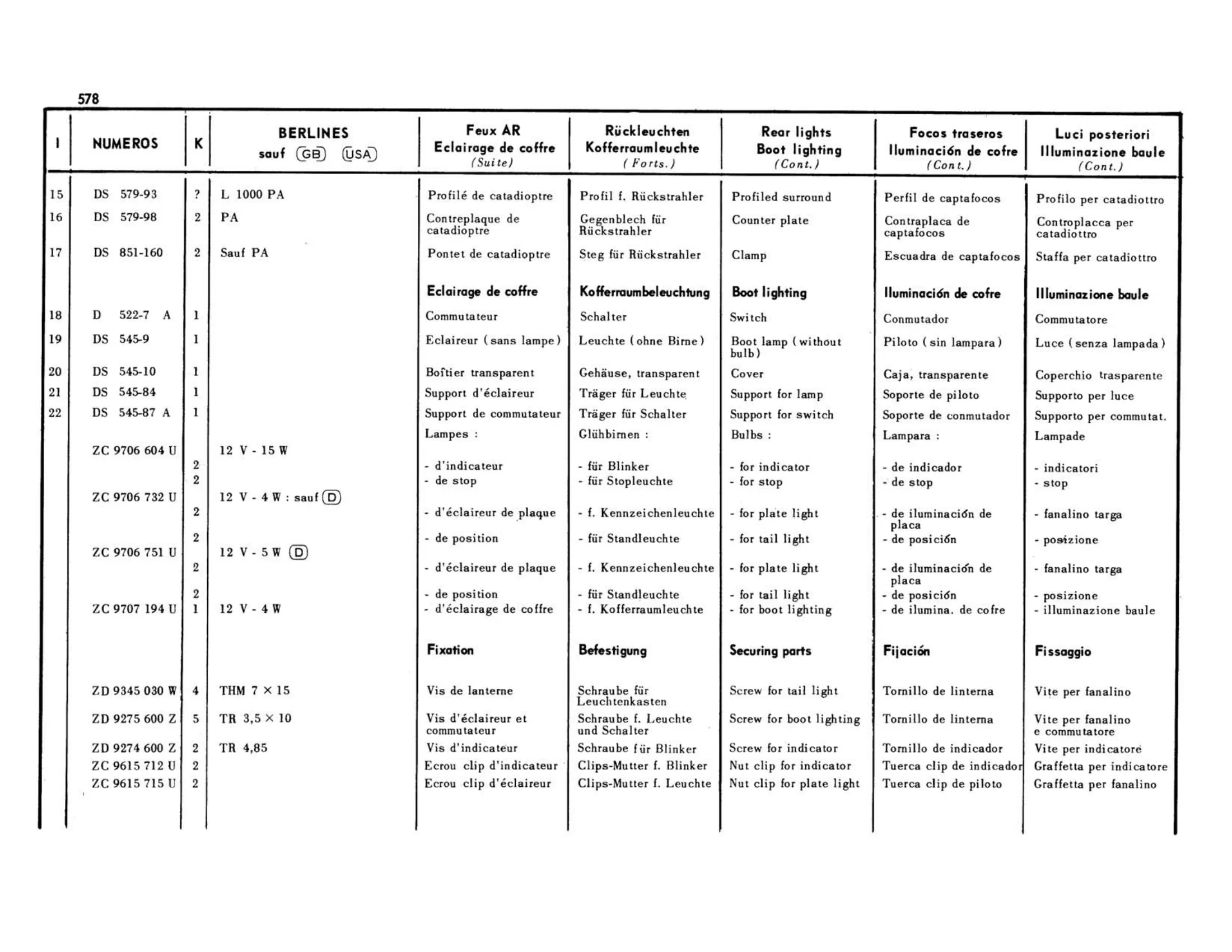 Berlines except GB, USA, page 174 of 503 — 598 Parts Catalogue — Volume II