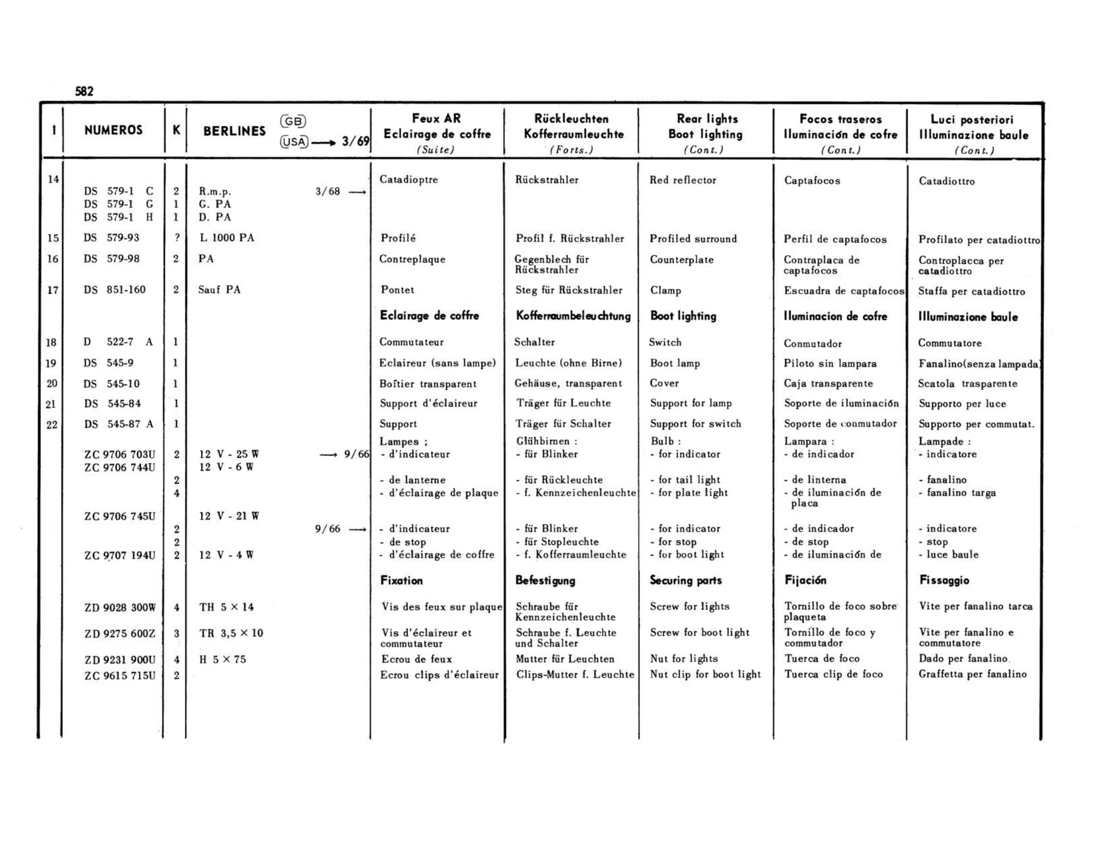 Berlines GB, USA >3/69, page 177 of 503 — 598 Parts Catalogue — Volume II