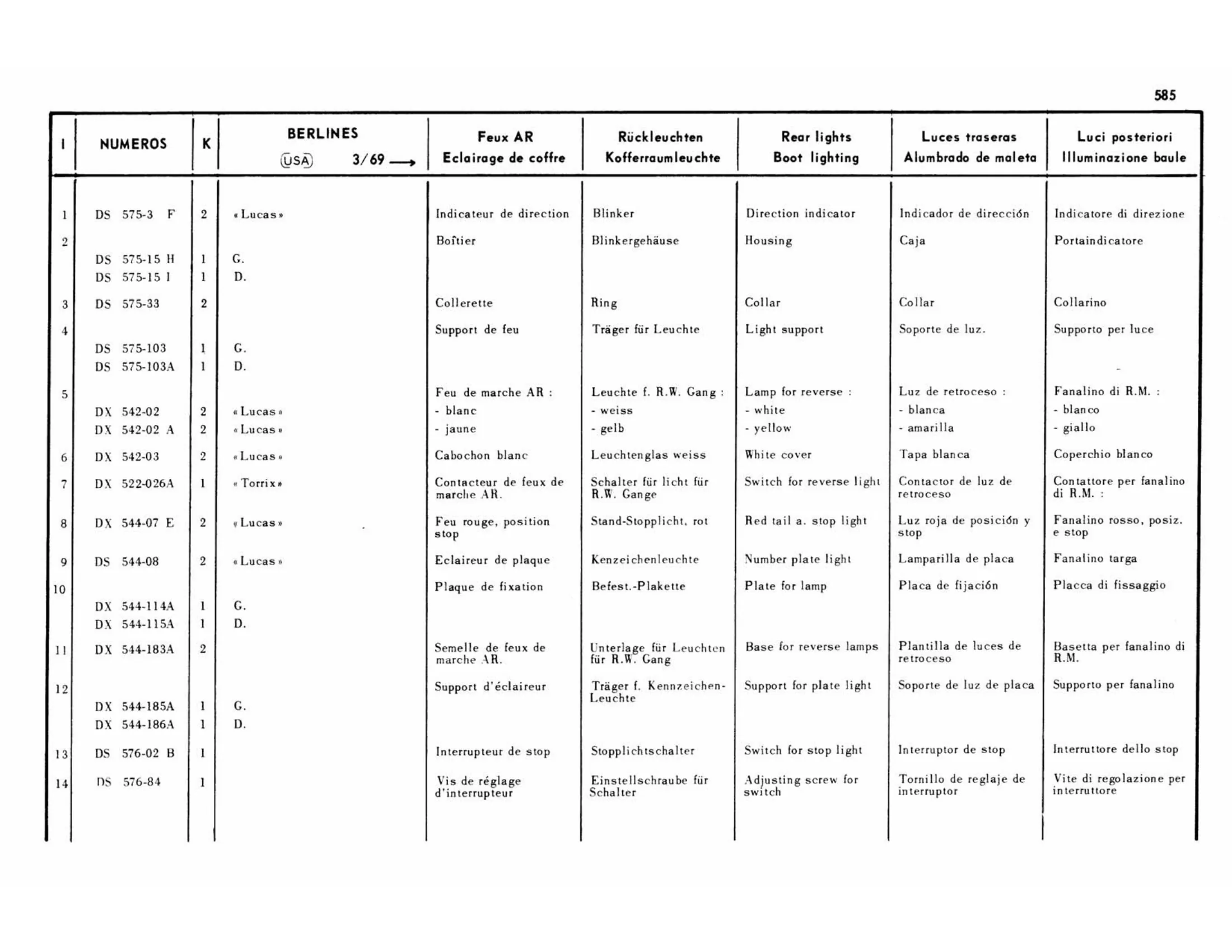 Berlines USA 3/69>, page 179 of 503 — 598 Parts Catalogue — Volume II