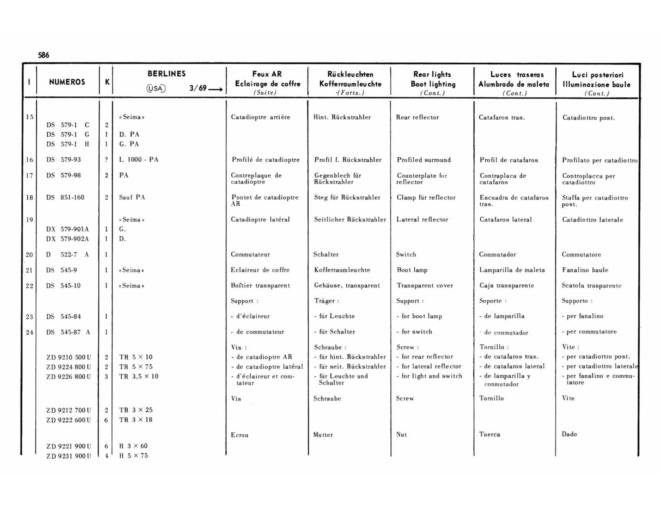 Berlines USA 3/69>, page 180 of 503 — 598 Parts Catalogue — Volume II