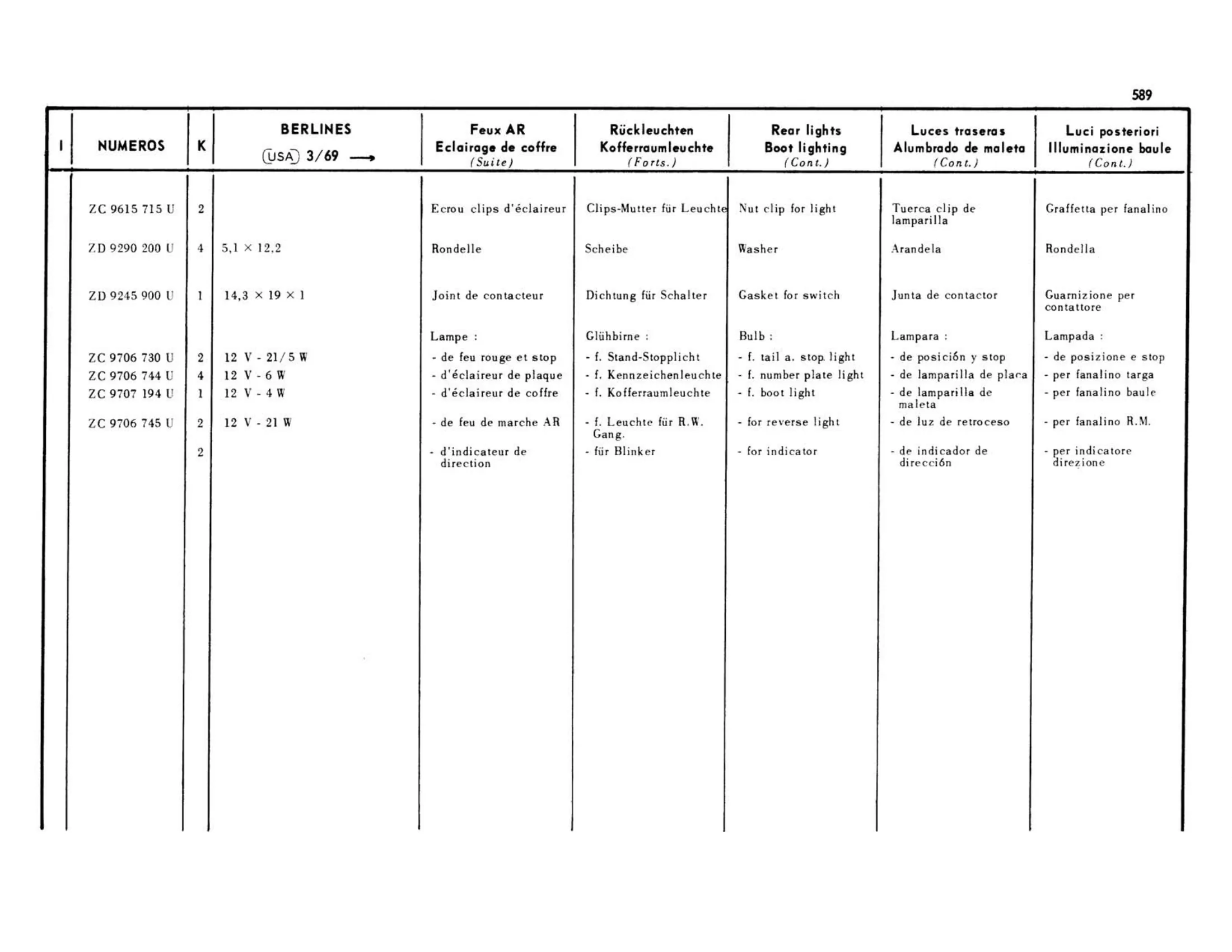 Berlines USA 3/69>, page 181 of 503 — 598 Parts Catalogue — Volume II
