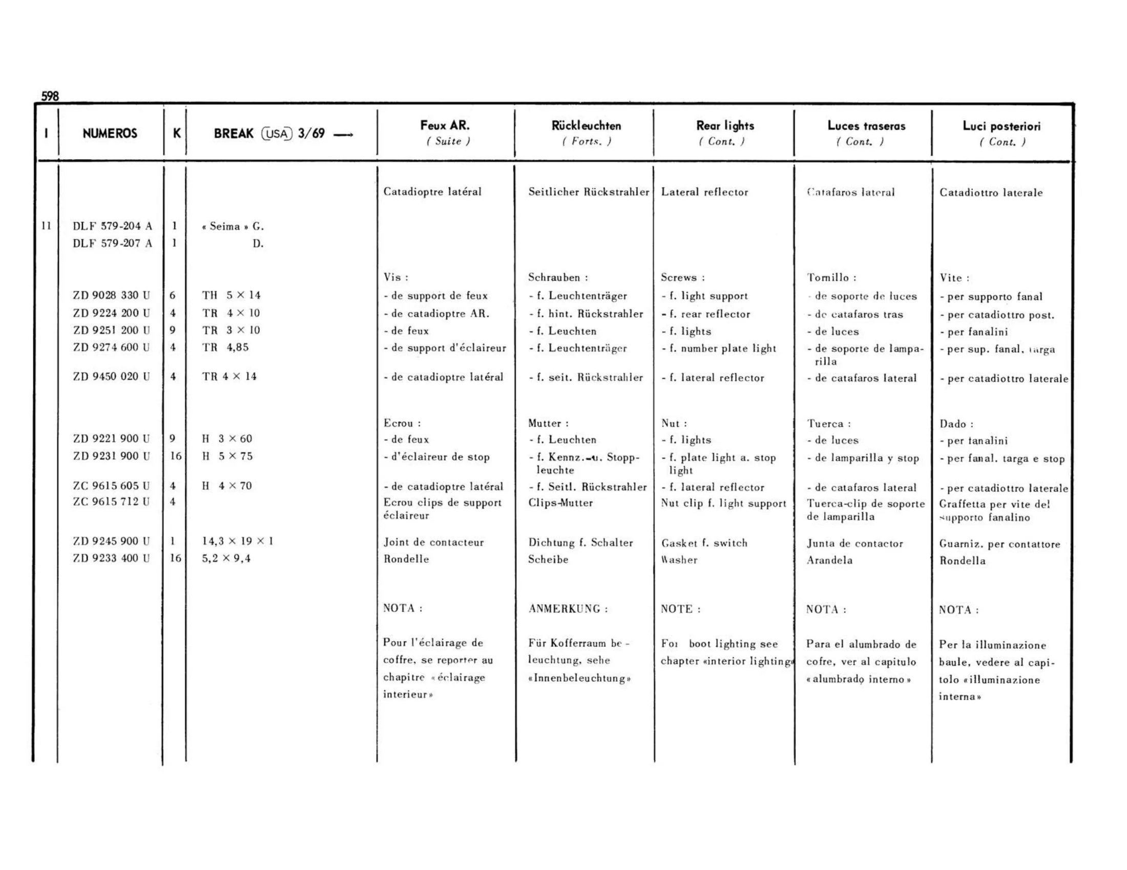 Break USA 3/69>, page 188 of 503 — 598 Parts Catalogue — Volume II