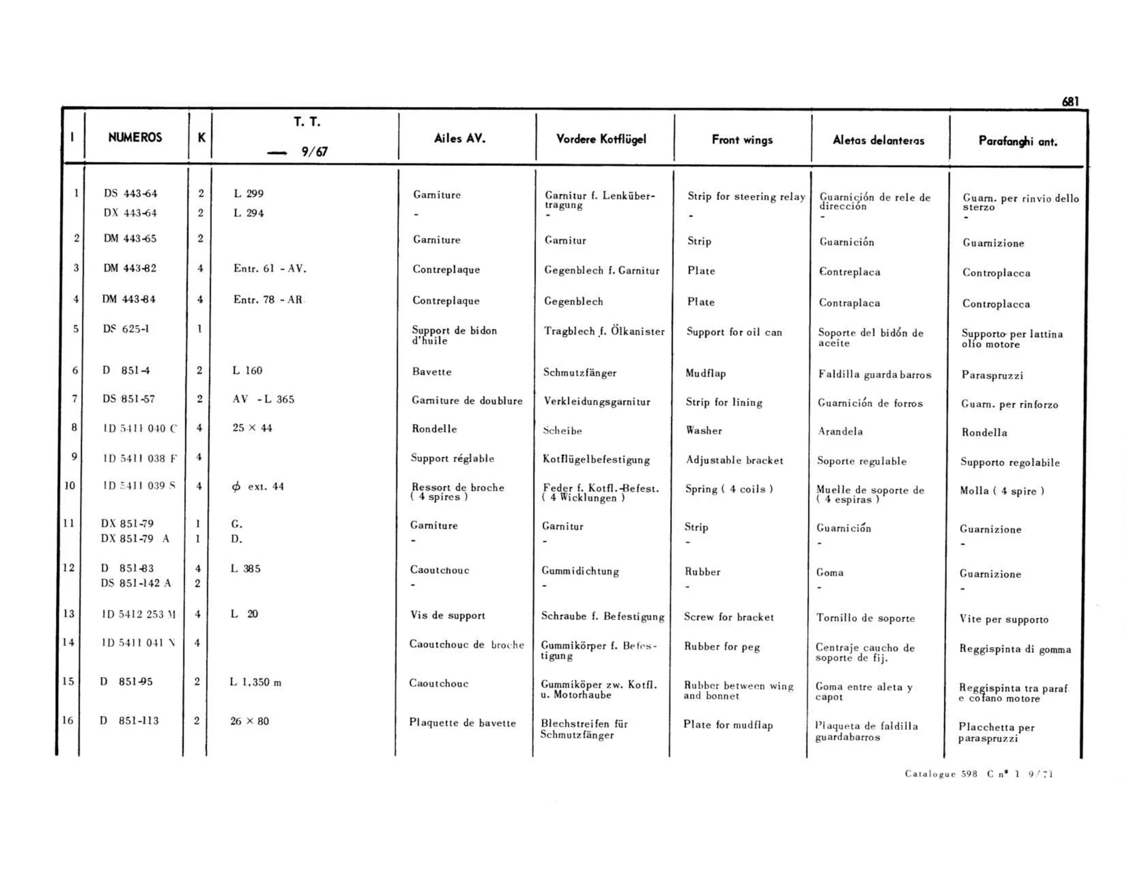 Front wings >9/67, page 262 of 503 — 598 Parts Catalogue — Volume II