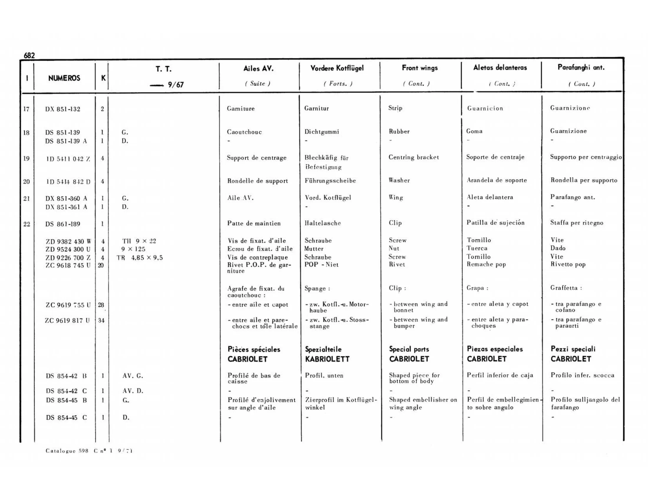 Front wings >9/67, page 263 of 503 — 598 Parts Catalogue — Volume II