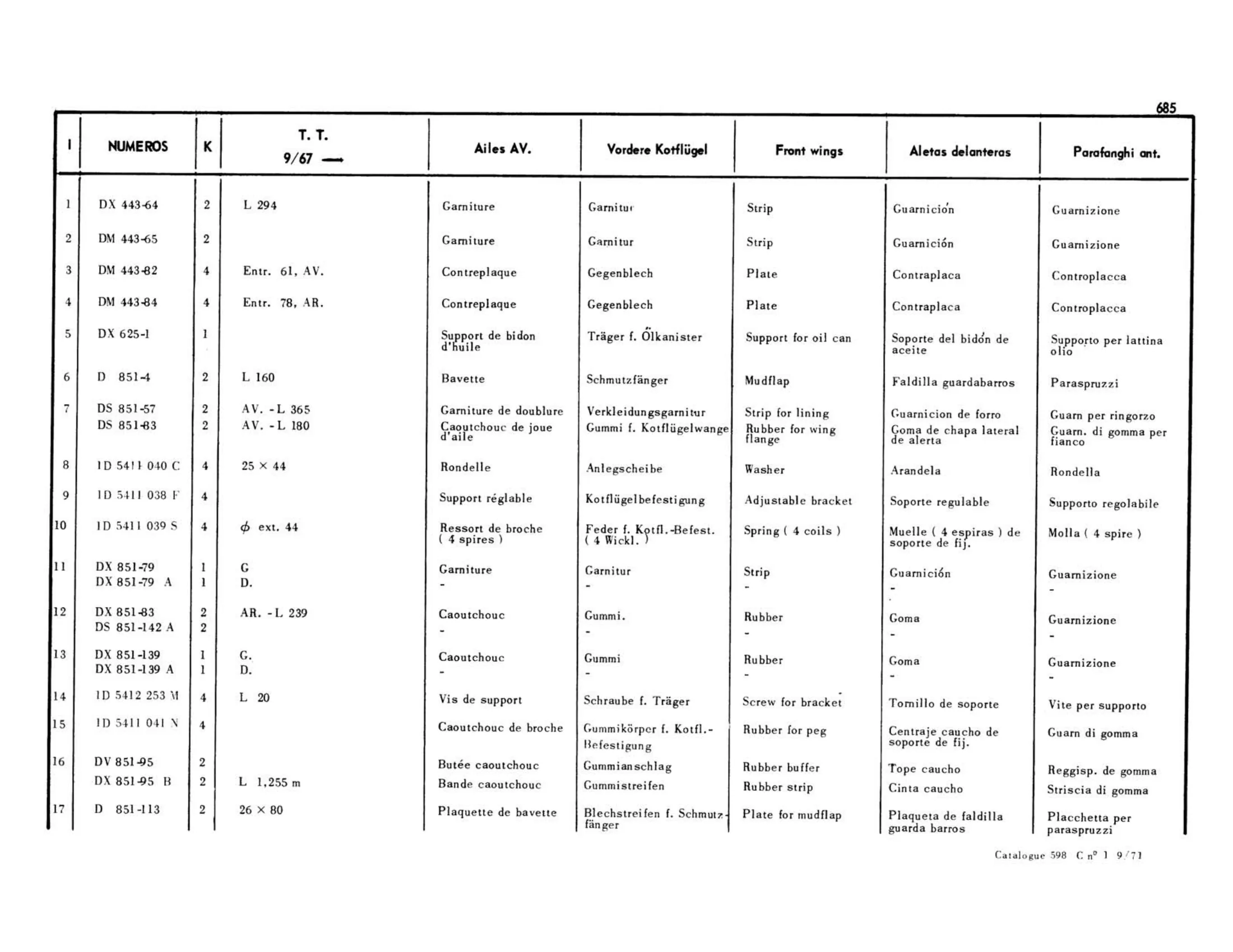 Front wings 9/67>, page 265 of 503 — 598 Parts Catalogue — Volume II