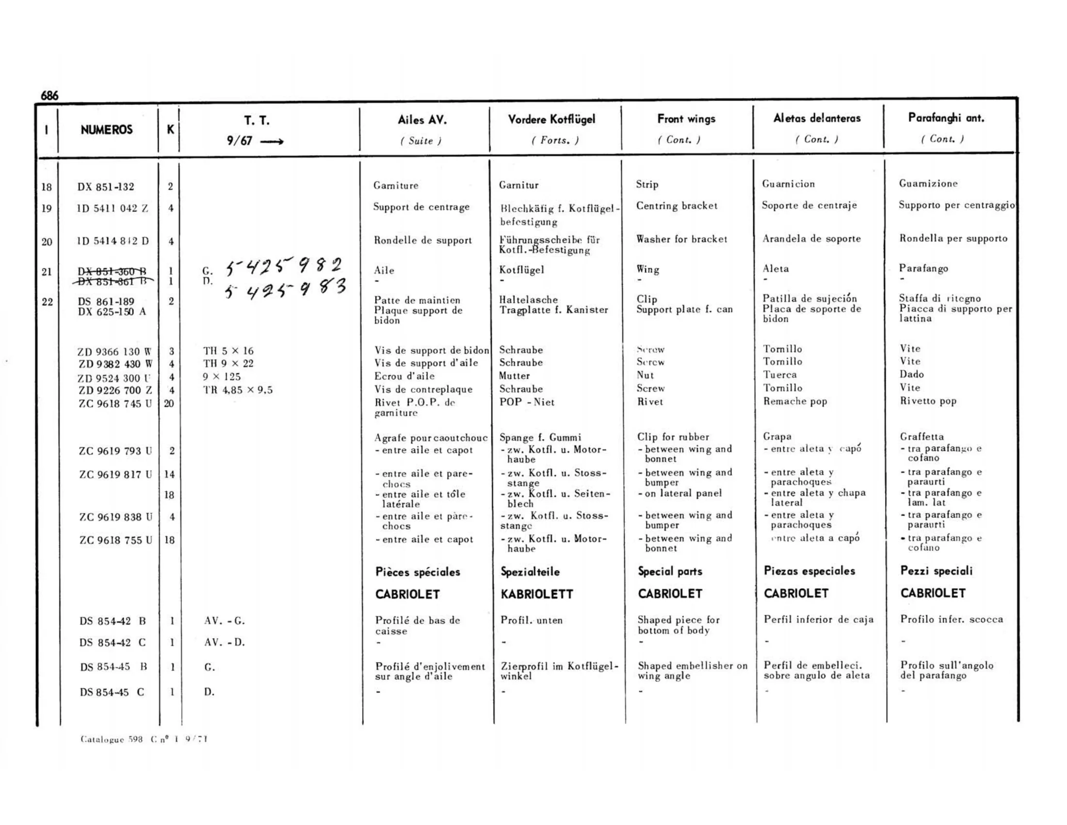Front wings 9/67>, page 266 of 503 — 598 Parts Catalogue — Volume II